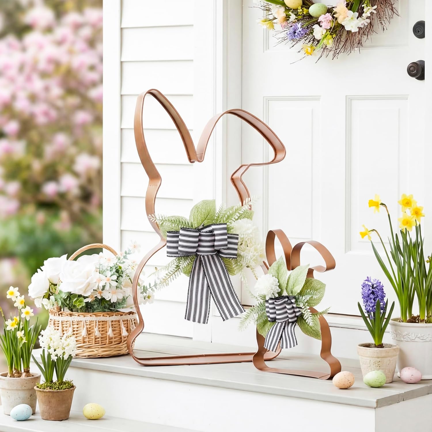 Pelopy Large Easter Bunny Decor 21.7'' 15.8'' Metal Bunny Outdoor Decorations with Flowers and Plaid Bow Farmhouse Rabbit Easter Porch Decoration for Spring Holiday Front Porch Garden Yard Lawn Indoor