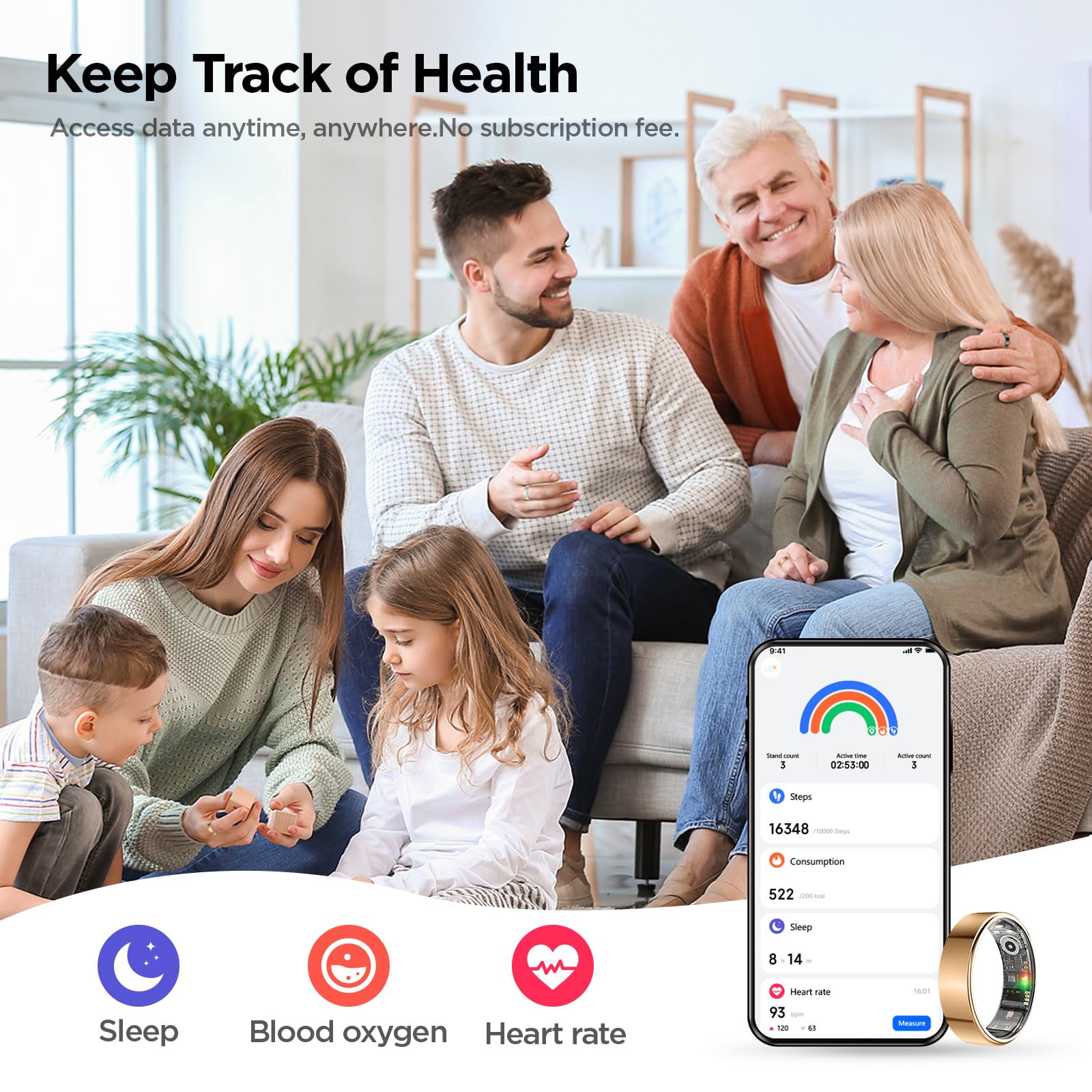 BENIO Anillo inteligente para mujeres y hombres, rastreador de salud con frecuencia cardíaca, oxígeno en sangre, monitor de sueño, contador de pasos, anillo de fitness, sin tarifas de aplicación para