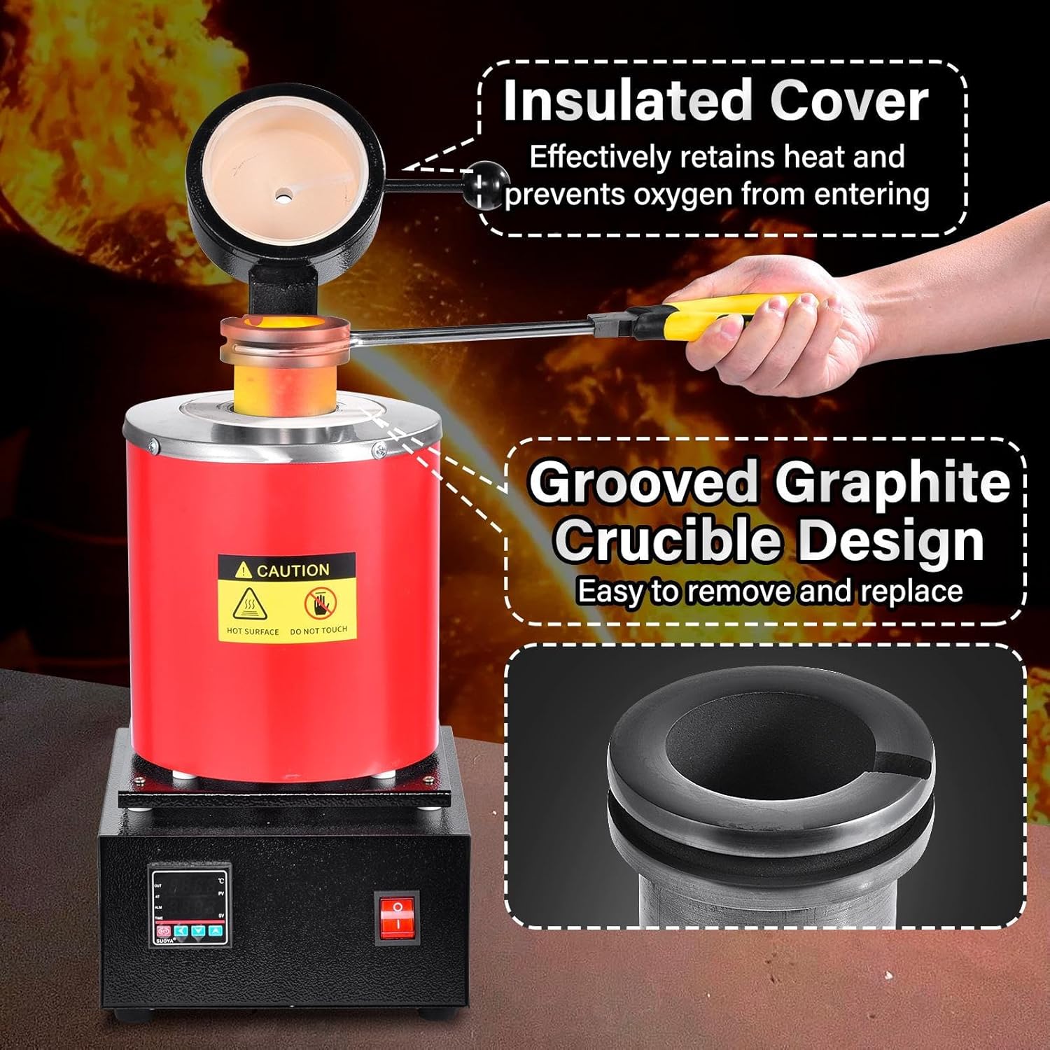1500W Electric Melting Furnace Kit | Gold Melting Furnace Digital Screen | PID Smelter Foundry Furnaces Kiln Kit with Crucibles Tongs? Ingot Mold | Craphite Crucibles for Meltings Gold,Silver Red