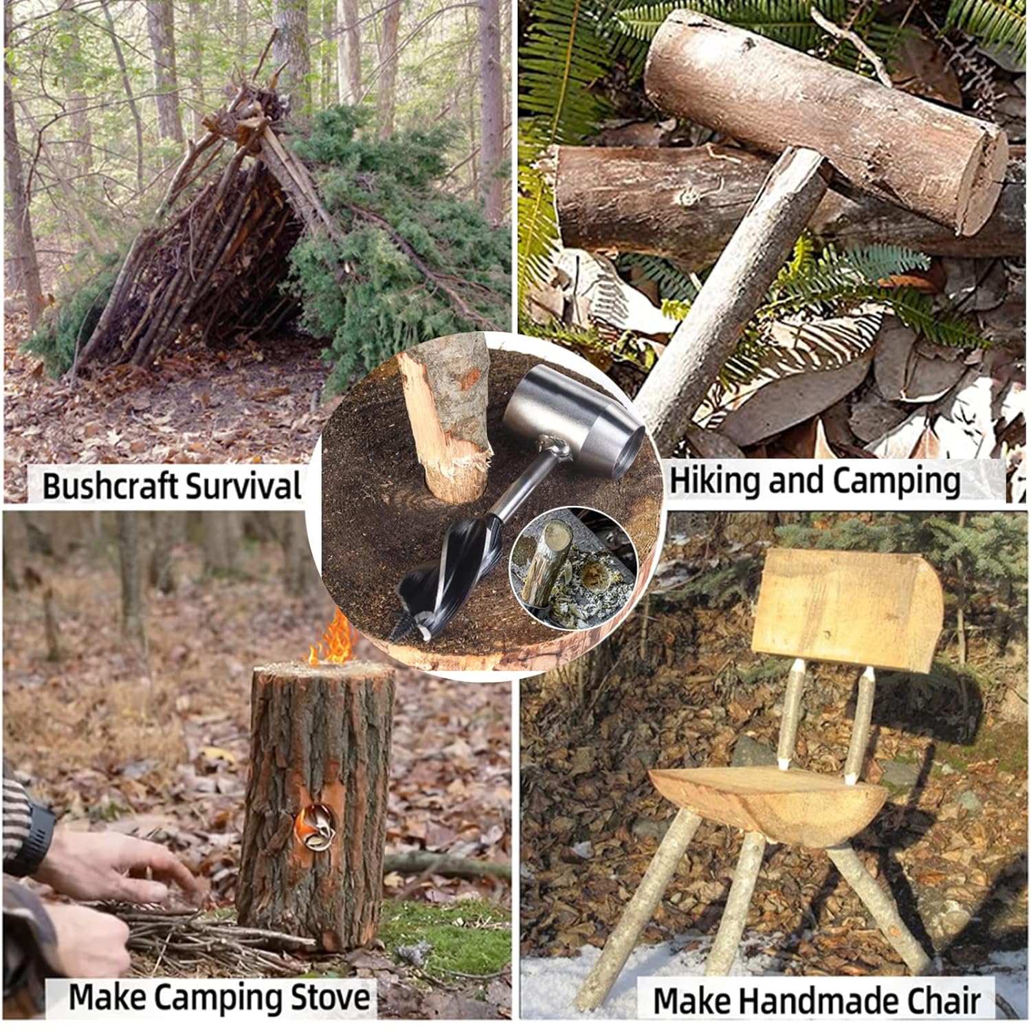 Bushcraft Gear for Survival Settlers Bushscraft Hand Auger Wrench with Flint Scotch Eye Wood Drill Peg and Manual Hole Maker Multitool with leather Case Camping brown