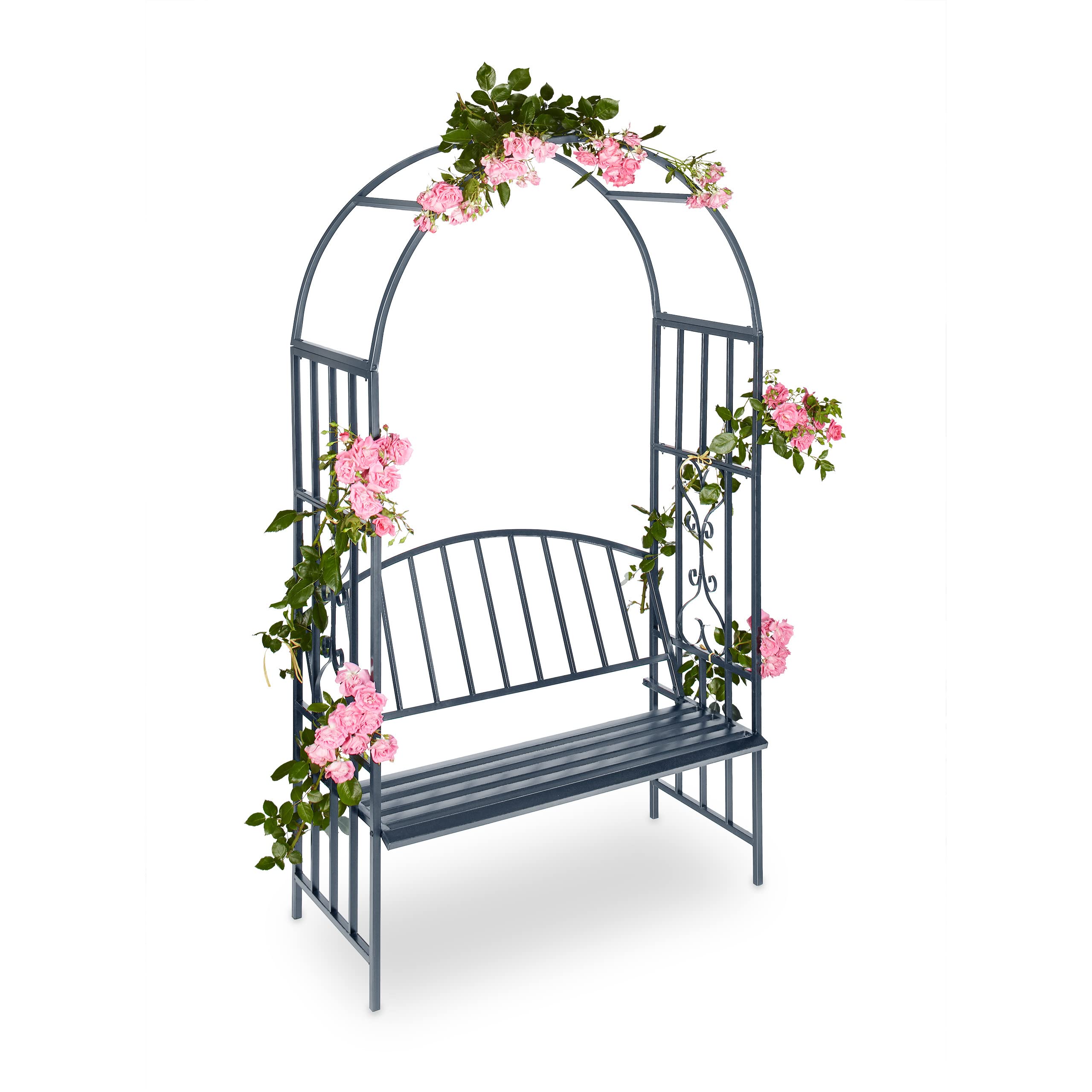 Relaxdays Panchina da Esterno, Arco da Giardino con Panca, per Rose e Rampicanti, Pergolato Balcone, Terrazzo, Antracite