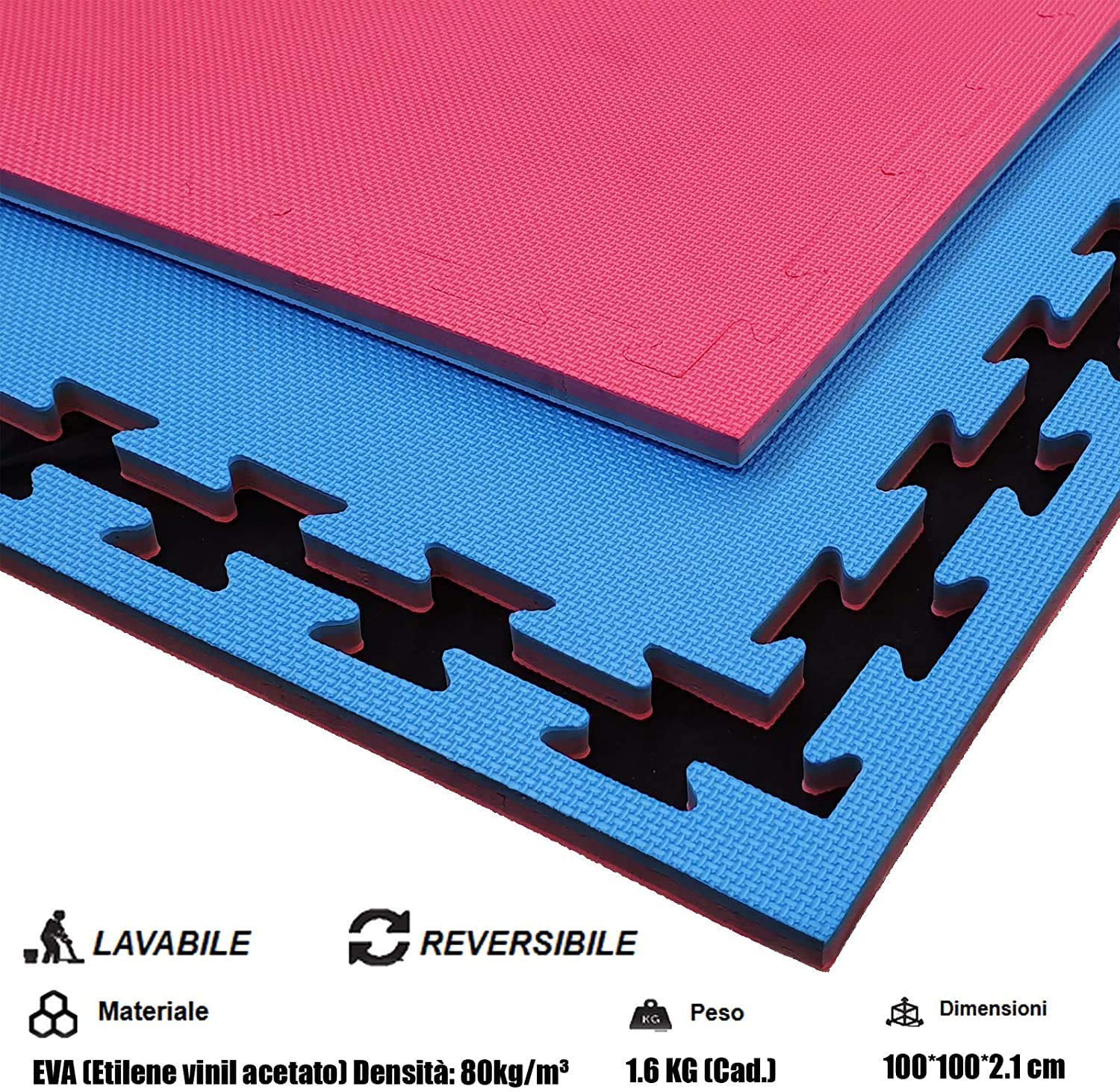 Pavimentazione sportiva ad Incastro Rosso/Blu da Fitness a Puzzle | 100 * 100 * 2 cm | Protezione per Pavimenti | materassino per Palestra, Workout, Ginnastica | Lavabile e Reversibile