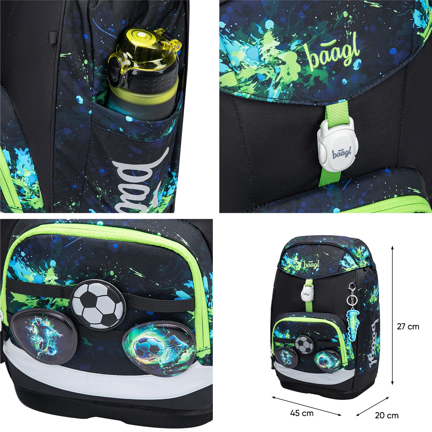 Baagl Schulranzen für 1. Klasse Jungen, Airy Plus Schulrucksack mit Ergonomischem Rückensystem & Abnehmbarem Hüftgurt, Ultraleichte Schultasche Kinder für Grundschule, Volksschule (Fußball)