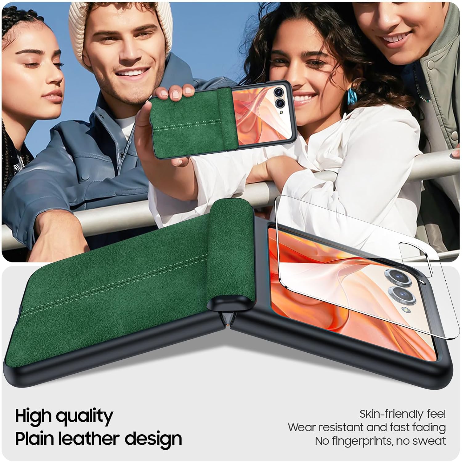 for Motorola Razr 2026 Case, Razr 2025/2024 Case, Built-in Screen Protector & Hinge Protection & Ultra Thin PU Leather Matte PC Shockproof Phone Case for Moto Razr 2026/2025/2024 (Green)