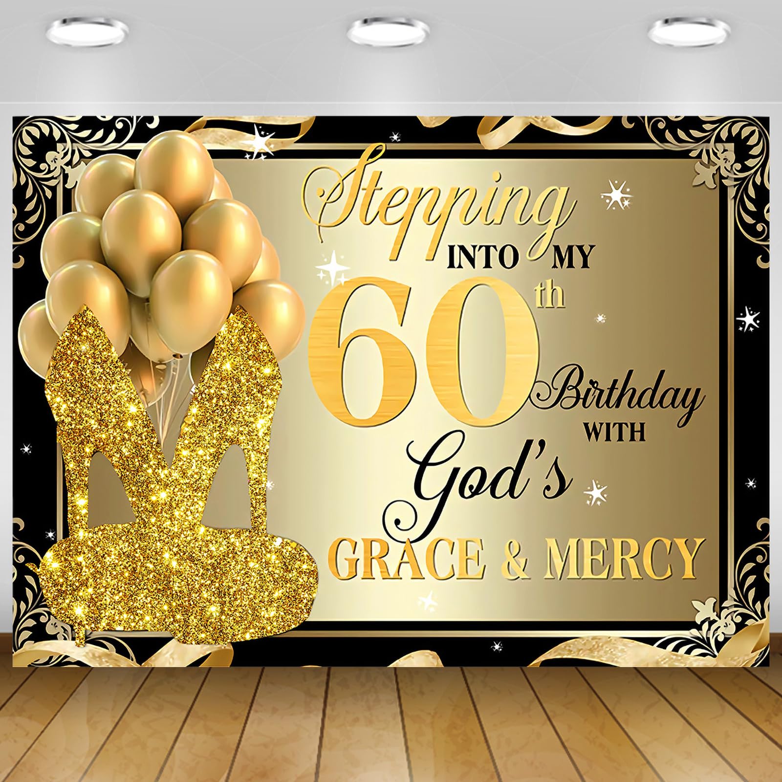 Happy 60th Birthday Banner Backdrop for Women 7x5Ft Gold High Heels Happy 60th Birthday Decorations for Women Gold Balloons Photography Decorations