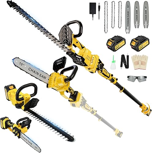 Combo de sierra de poste inalámbrica de 8 pulgadas  10 pulgadas + recortadora de setos de 20 pulgadas (ideal para podar y recortar ramasarbustos),