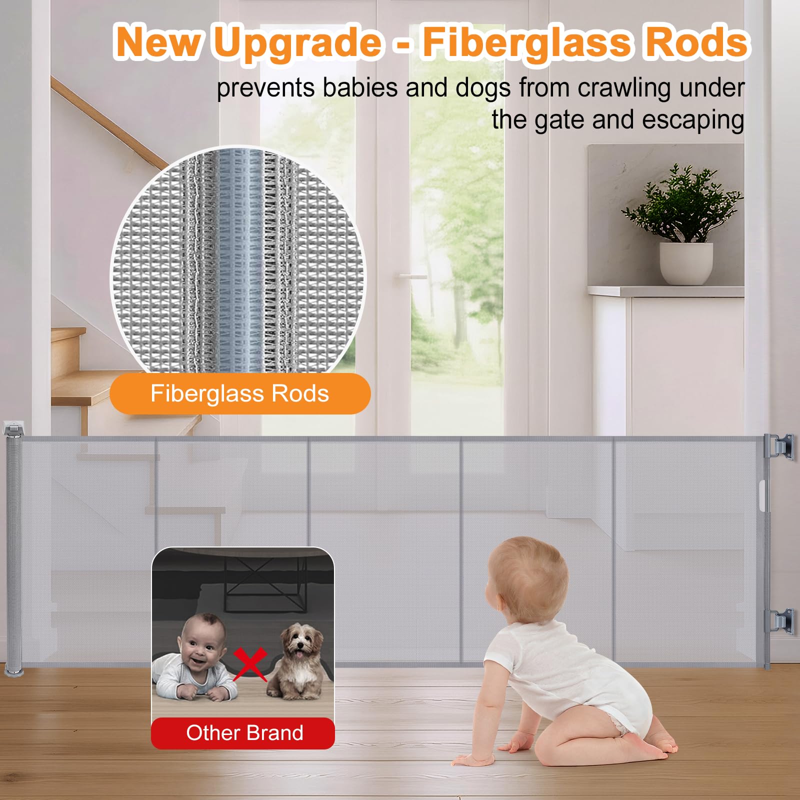 Extra Wide Retractable Baby Gates Pet Gate for Wide Openings Long Dog gate with Rods to Prevent Crawling Through - Image 4