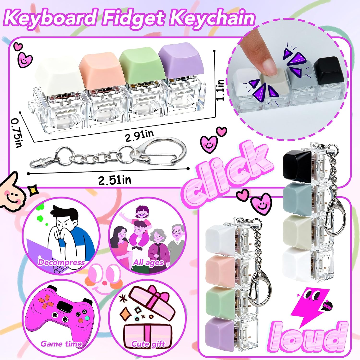 2 PCS 4-in-1 Keyboard Fidget Toy Keychain, Finger Clicky Button Toy Stress Relief Keychain with Swappable Keycaps, Mini Mechanical Key Fidget for Office Desk Focus Gifts (Black White Purple Gray) image 2