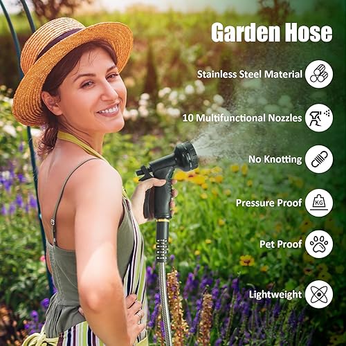Miniatura 2 de Manguera de jardín de 50 pies, manguera de agua resistente de acero inoxidable con boquillas de 10 funciones, flexible sin torceduras, a prueba de