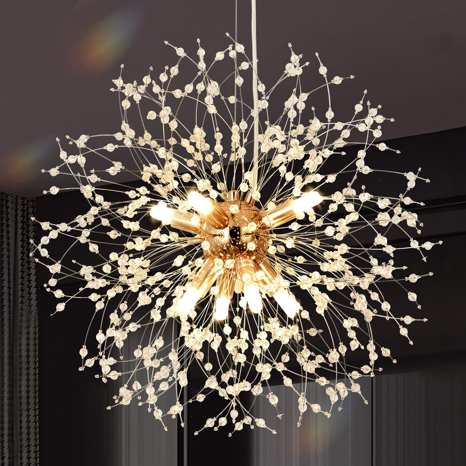 Lampadari moderni a forma di fuochi d'artificio Lampada a sospensione Dandelion, oro 8 luci G9 Lampadari con cristalli Lampada da salotto, camera da letto, sala da pranzo, ingresso, Φ45 cm