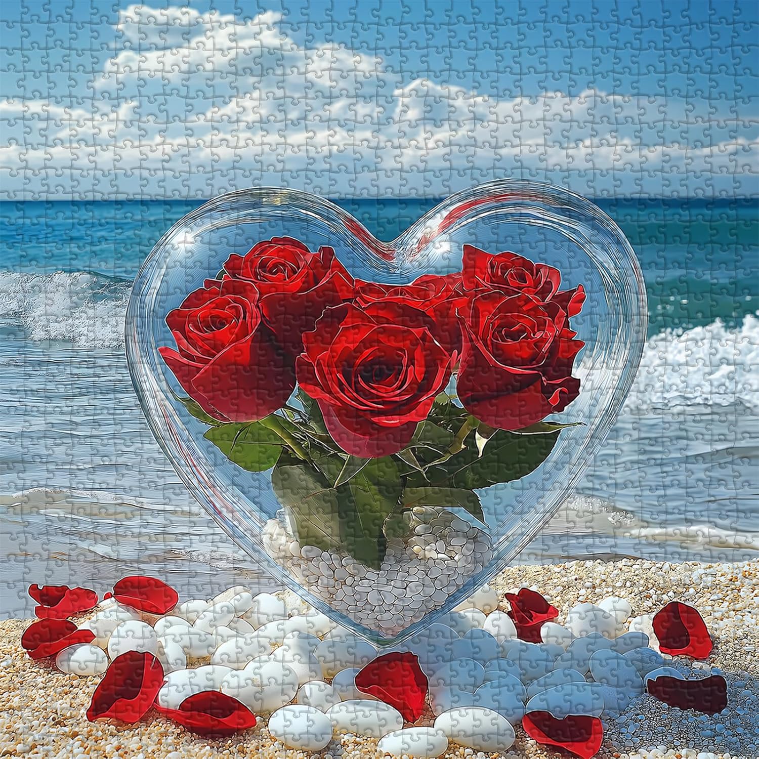 Heart Bloom Ocean Puzzle for Adults 1000 Pieces, Romantic Roses Beach Puzzles, Love Theme Flower Puzzle Artwork, Coastal Valentine Challenge Jigsaw Puzzle as Home Decor