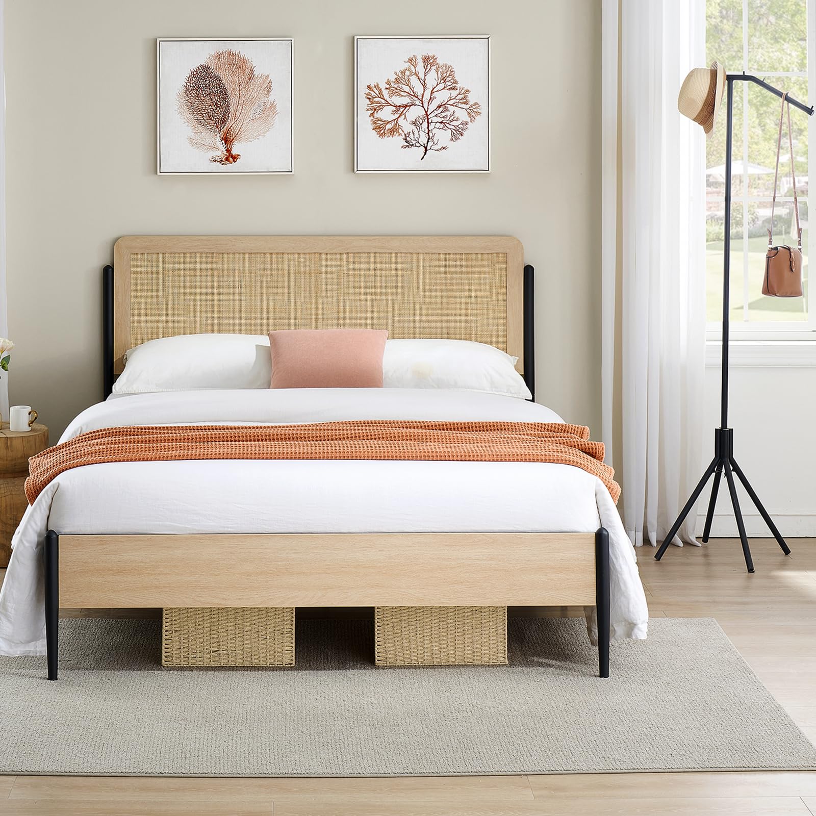 GarveeHome Full Size Boho Bed Frame with Natural Rattan Headboard & Solid Wood Footboard - Under Bed Storage Space, Quiet Noise-Free Design, No Box Spring Needed, Oak