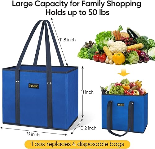 Vista 2 de BALEINE 3Pk Reusable Grocery Bags, Foldable Shopping Bags for Groceries with Reinforced Bottom & Handles (Blue)
