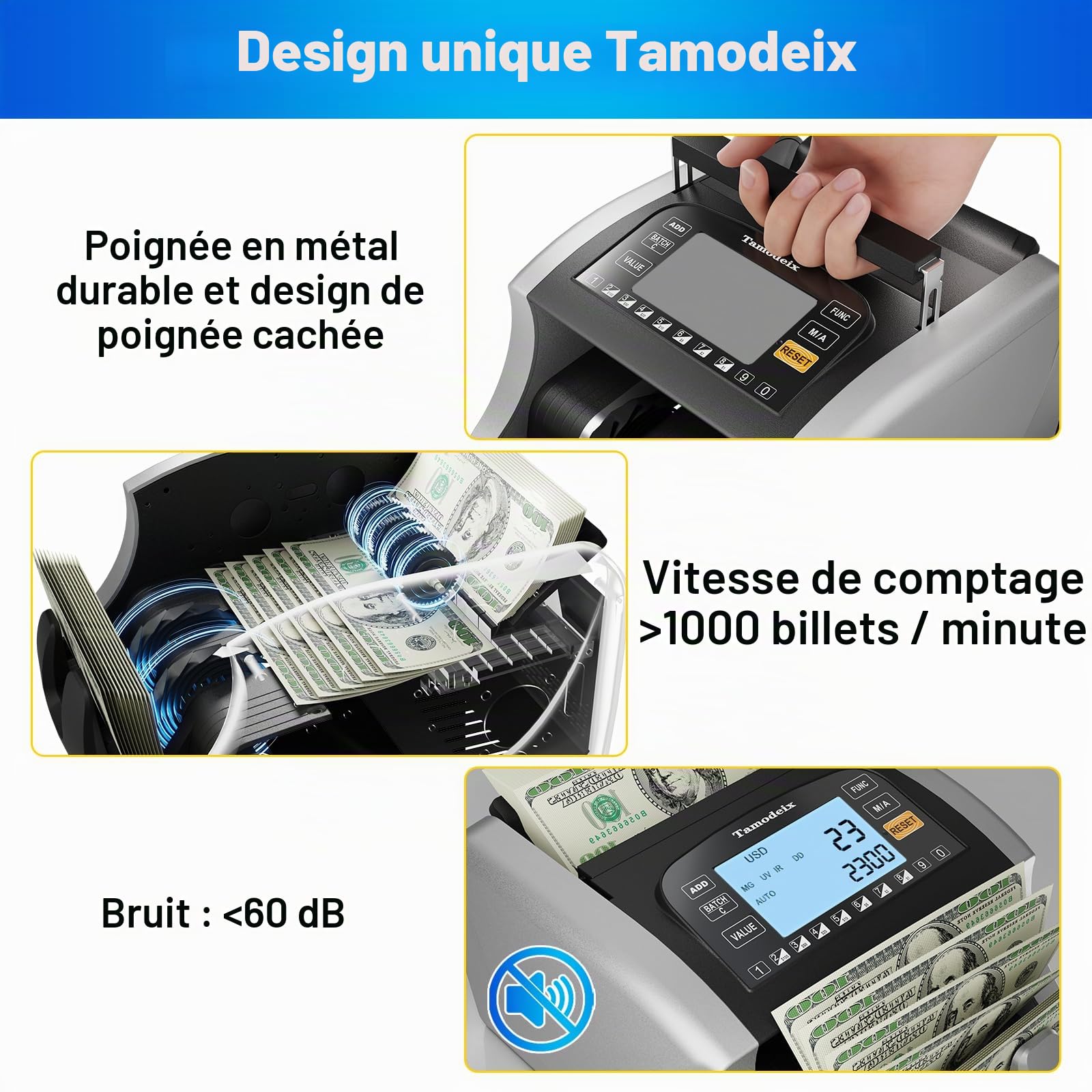 NX-270 compteuse de billets qui compte les billets triés, Compteur de billets en EUR USD GBP, détection de faux billets sur UV/IR/MG, Affichage LCD, 2 ans de garantie