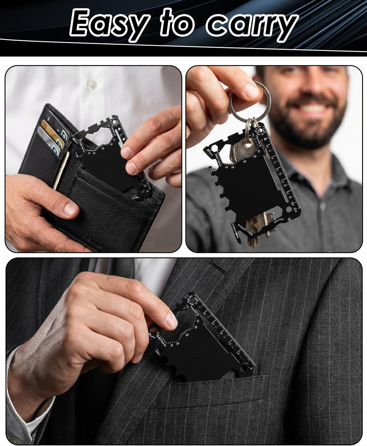 HAYVAN Credit Card Multitool - 12 Set Stainless Steel 46-in-1 Survival Tool Kit, Wallet Multitool Card with Bottle Opener for Camping Outdoor, Bulk Mens Gifts with Gift Envelopes (Black)