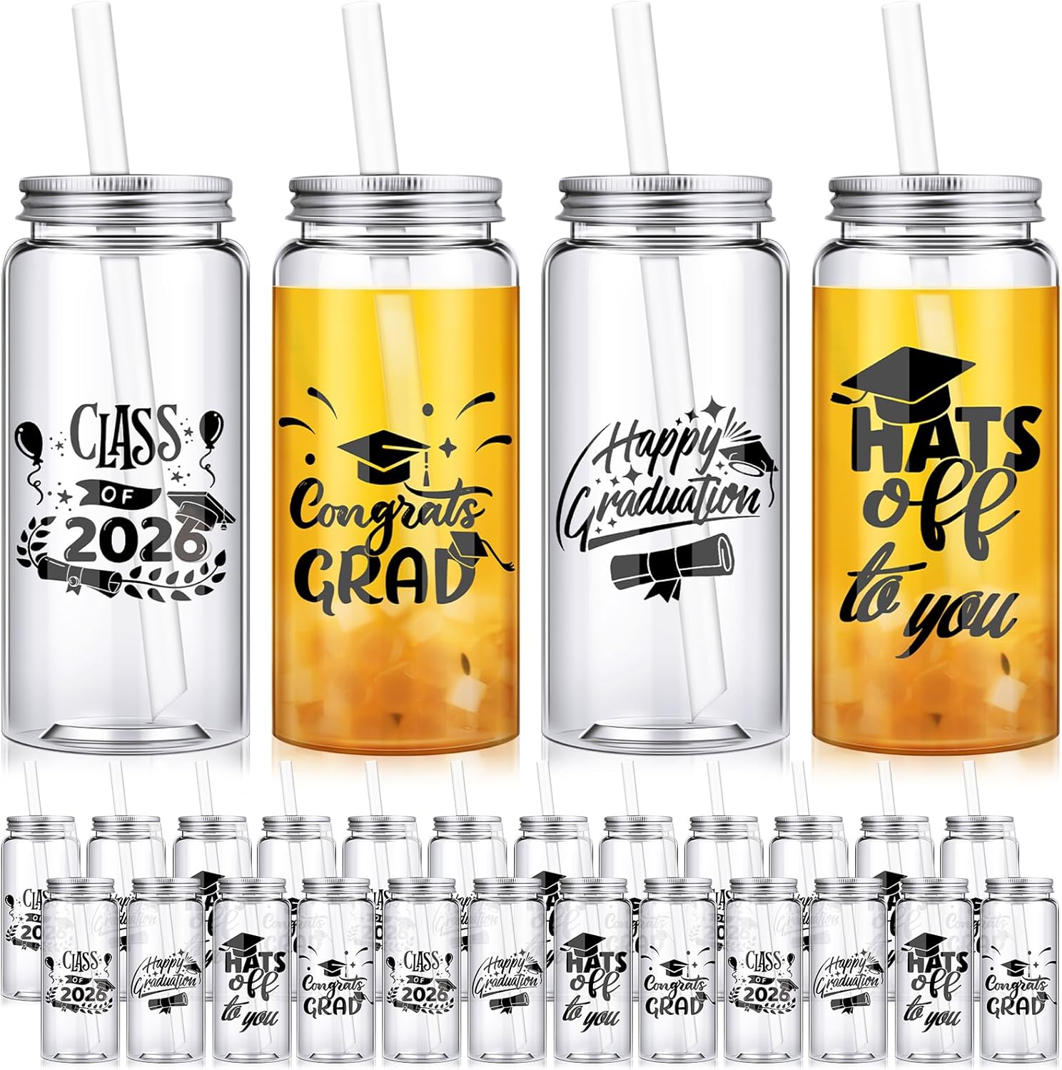 24 Pcs Graduation Cups with Straws Bulk 13.5 oz Class of 2026 Plastic Mason Jars Reusable Tumbler Coffee Tea Hot Cocoa Beverage Happy Graduation Tumbler for Congrats Grad Party Gifts(Black)