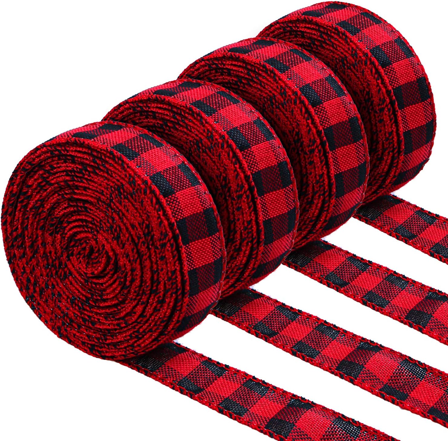 URATOT Red and Black Plaid Burlap Ribbon Christmas Wired Ribbon Wrapping Ribbon for Christmas Crafts Decoration, Floral Bows Craft, 236 by 0.98 Inch, 4 Rolls