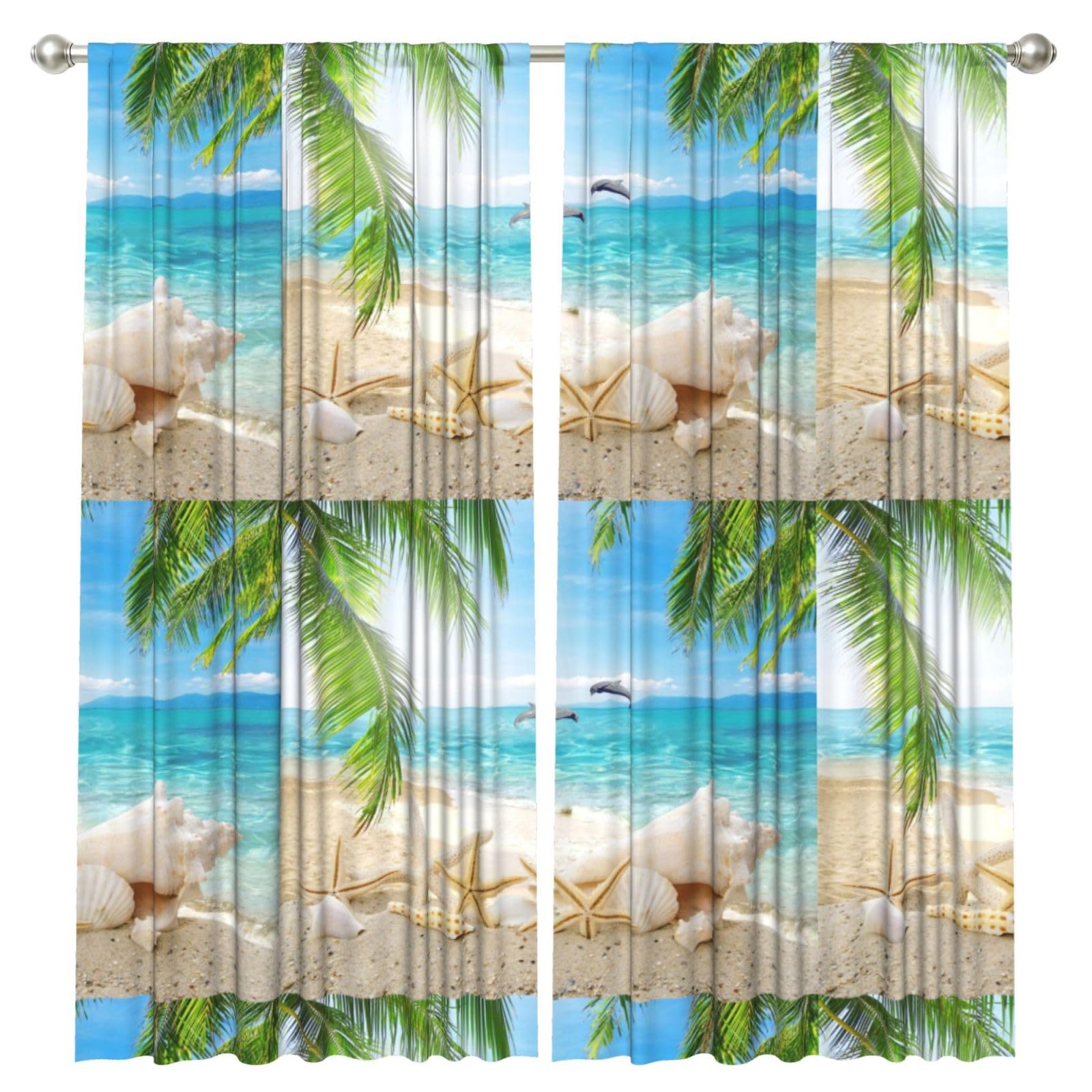 InOmak Starfish Beach Sea Palms Printed, 2 Panels Window Curtains 52 x 84 Inch Blackout Curtains for Living Room Bedroom