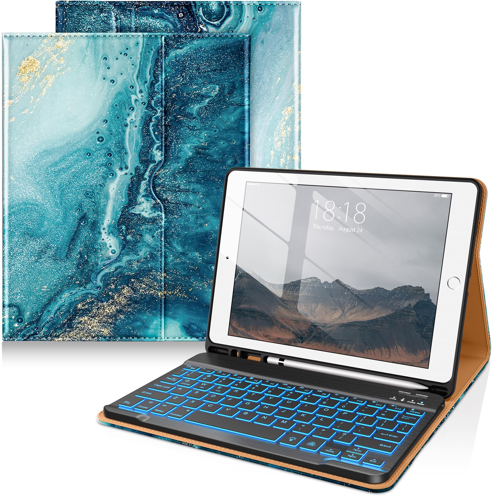 DTTO for iPad 9th/8th/7th Generation Case with Keyboard, Sandy Wave