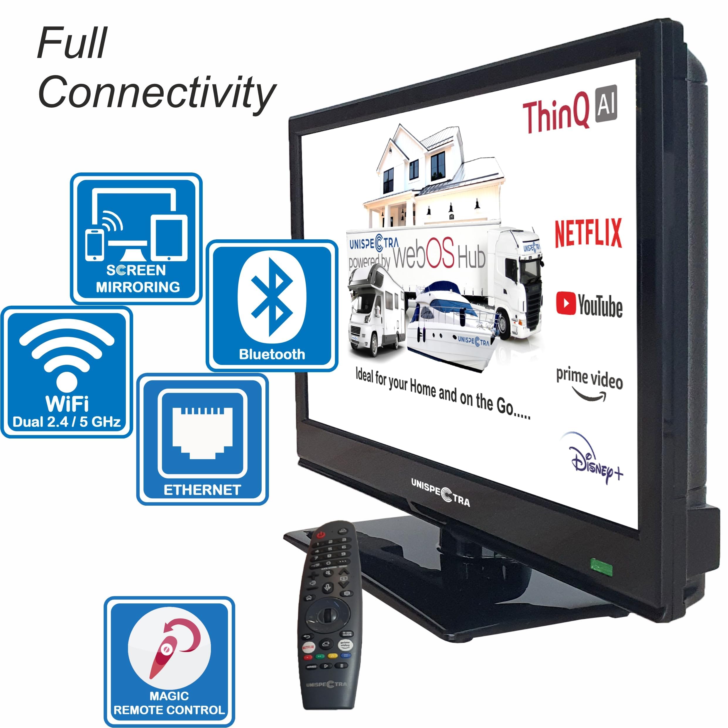Unispectra ® 16" Smart TV (webOS) 12V Full HD LED 230v 24v Triplo sintonizzatore: satellitare, terrestre, cable. HDMI USB Telecomando magico TV 12V per camper, caravan, furgone, barca