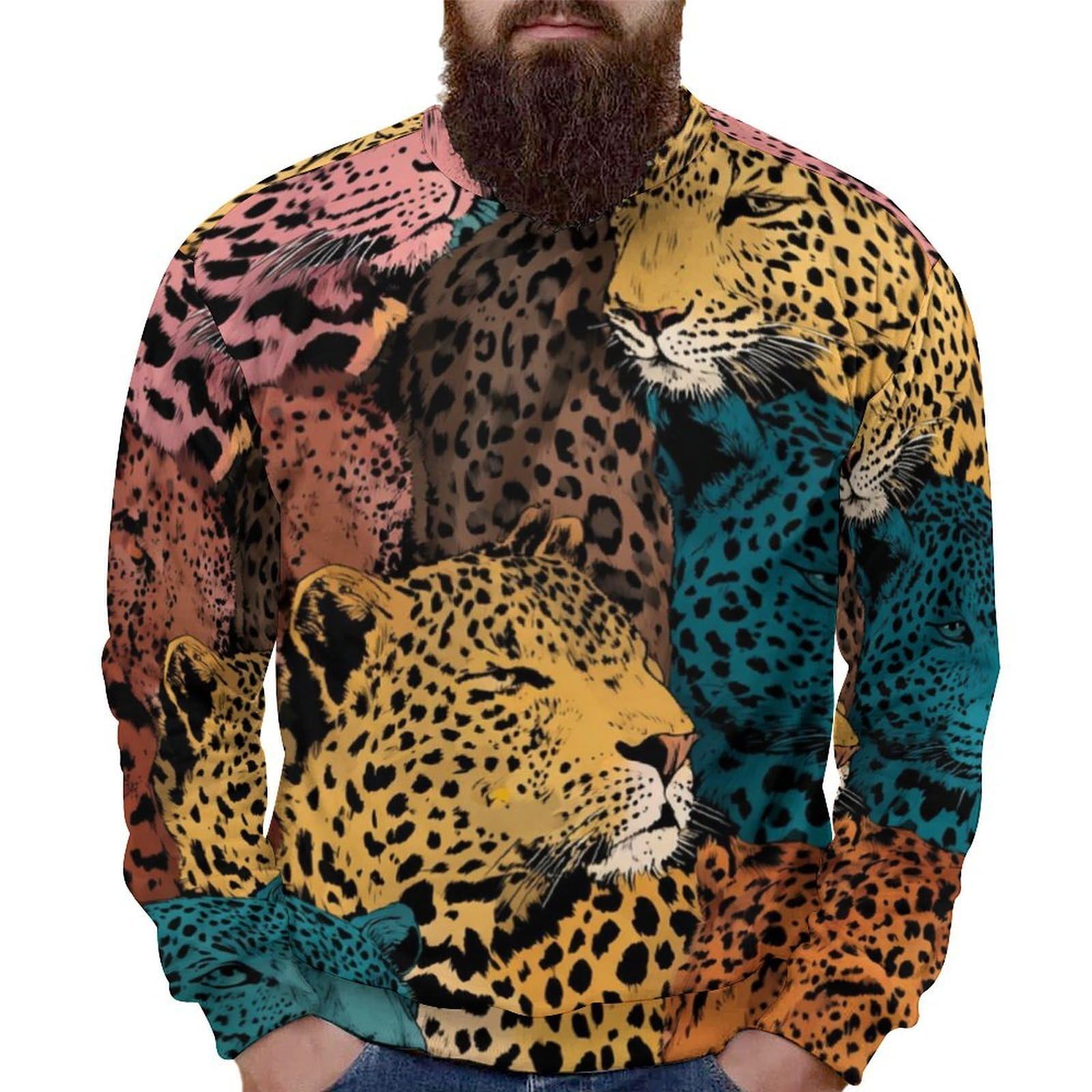 Leopard Print Sweatshirts for Men Round Neck Long Sleeve Loose Fit Fashion Graphic Sweatshirt Trendy Tops Casual Fall Clothes Mens Pullover Sweatshirt Leopard Print XL