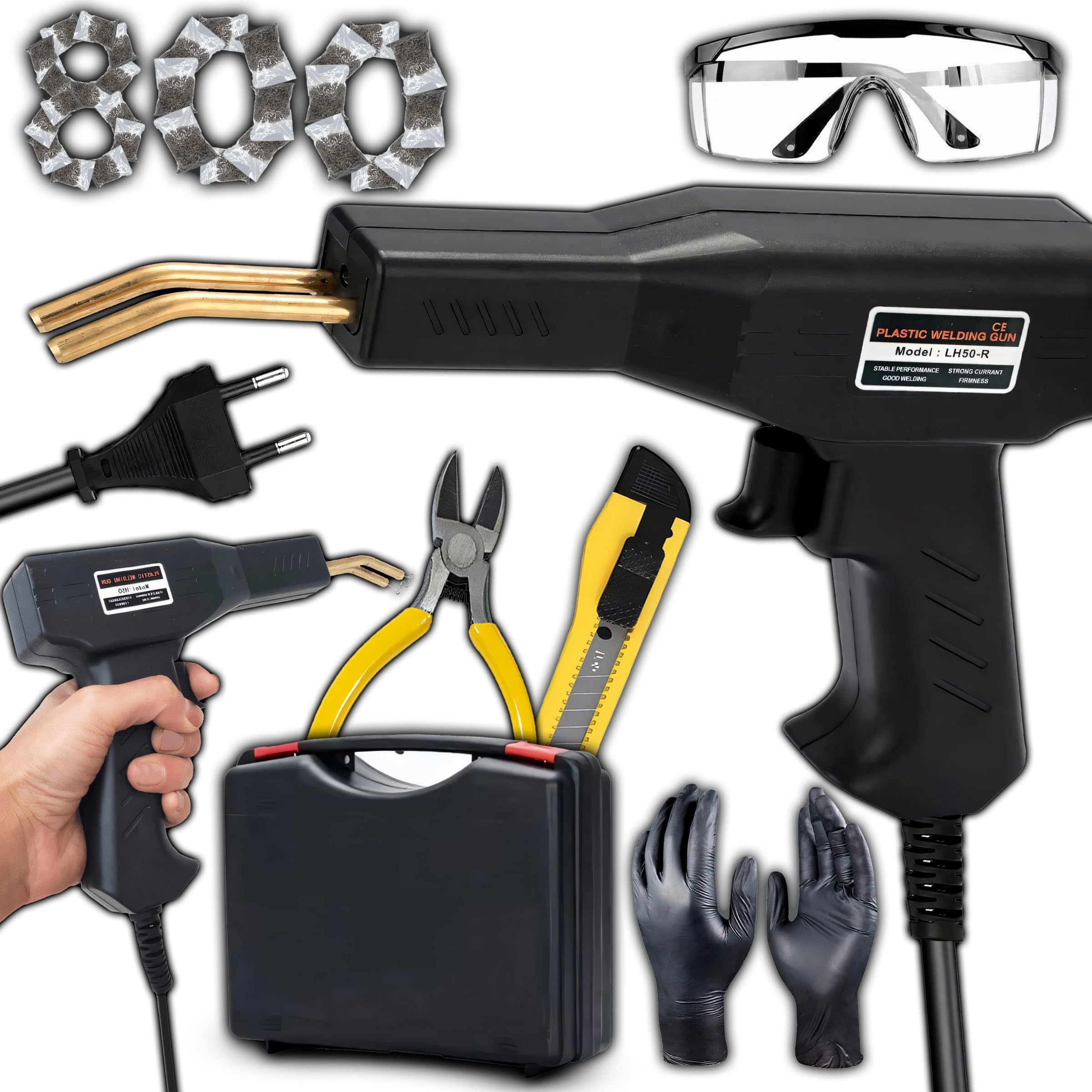 Retoo Poste à souder en plastique 50 W, kit de réparation avec lumière LED, machine à souder pour fissures en plastique, pare-chocs de voiture, pièces automobiles, kayak, 800 pièces incluses
