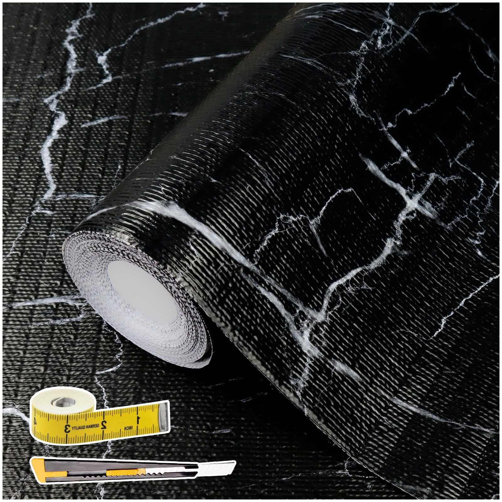 Forro para cajones y estantes para armario de cocina: 12 pulgadas x 20 pies, antideslizante, impermeable, papel no adhesivo, forro de mármol negro, fácil de revestir para baño, con cinta métrica de