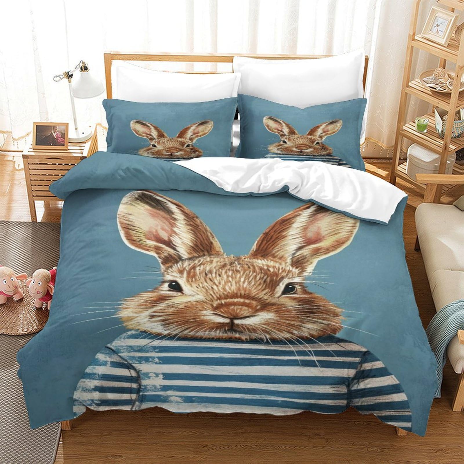 P1S9U7W5Y 3D Printed Fun Rabbit Duvet Cover Set 3 Pieces Microfiber Bedroom Decor Rabbit Bedding Set for Adults Teens Double（200x200cm）
