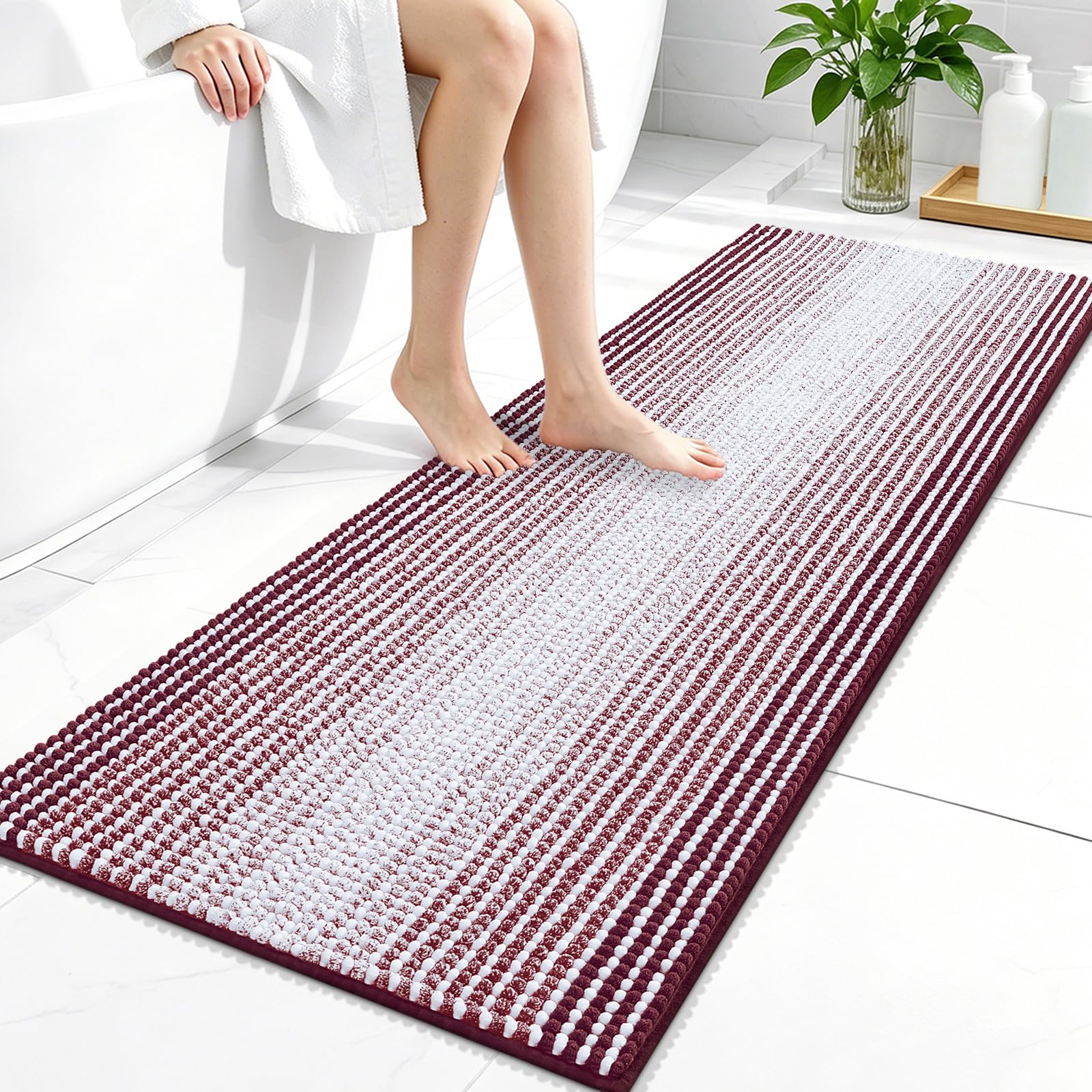 OLANLY Bathroom Runner Rugs 47x20, Chenille Striped Bath Rugs, Burgundy