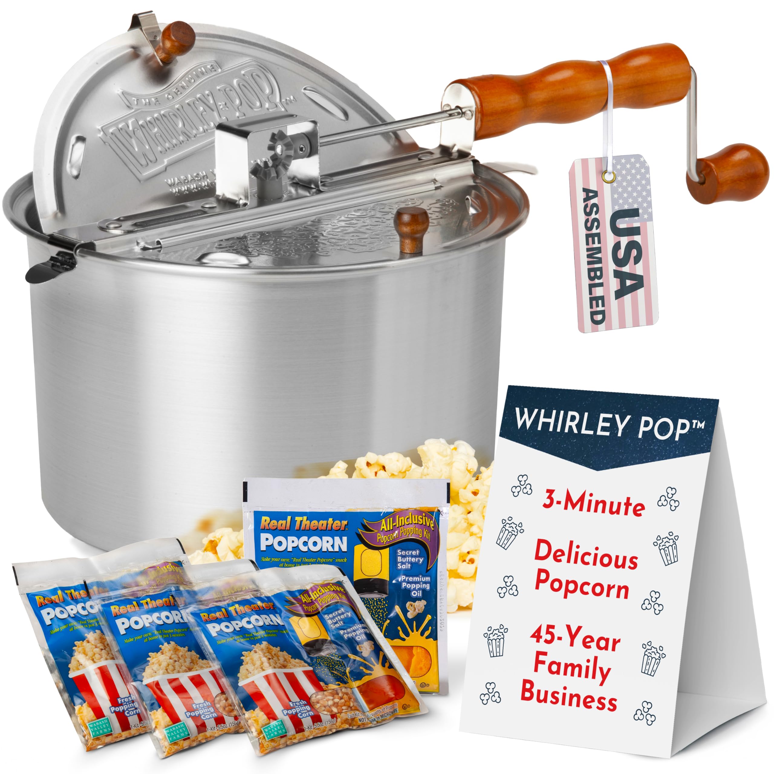 Original Whirley Pop Popcorn Maker - 6 Quart Stovetop Popcorn Popper With Four Popping Kits, Aluminum Popcorn Pot With Metal Gears, Wabash Valley Farms Stove Top Popcorn Maker, Popcorn Pan (Silver)