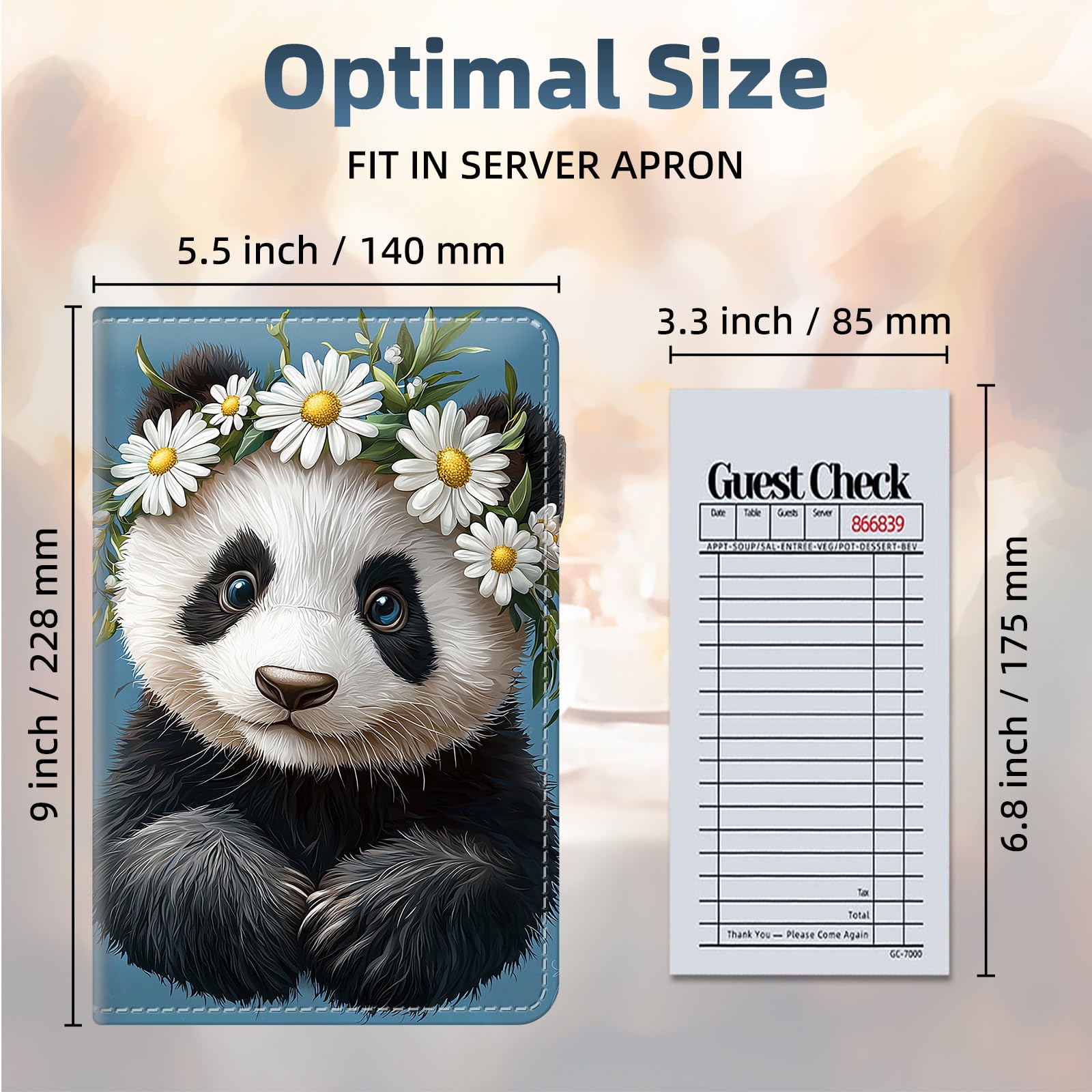 FQSXFIFN Leather Server Book for Waitress, Cute Server Book with Zipper Money Pocket,Check Presenters Waitstaff Organizer Fit Server Apron, Panda Flower Serving Books, Black Waiter Books for Servers
