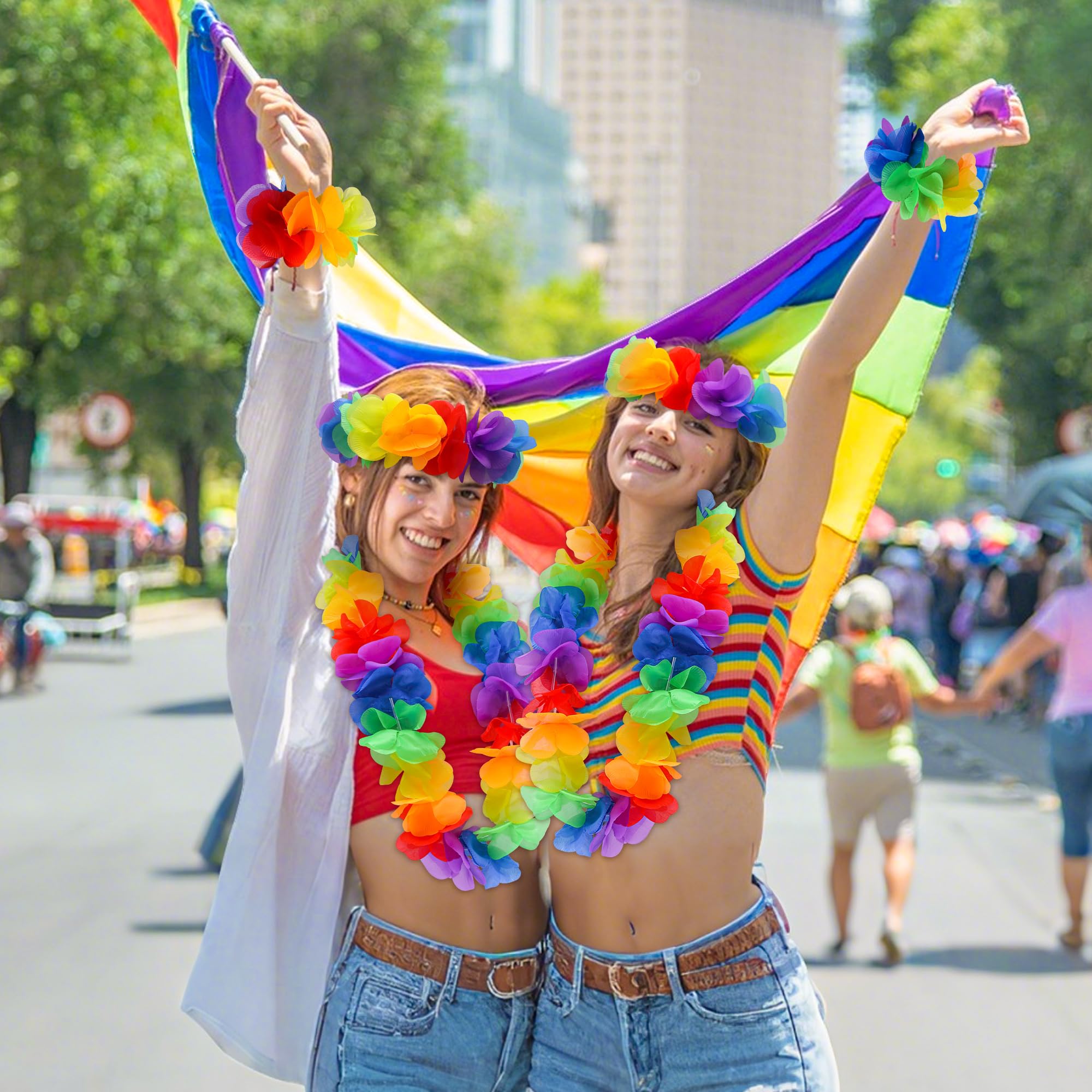 Tlswshsy 96-teiliges Regenbogen-hawaiianisches Leis-Set, Pride Month Hawaii-Blumen-Leis mit Stirnband und Armbändern, LGBT Luau Leis Halsketten für tropische Strand-Motto-Partys und Dekoration