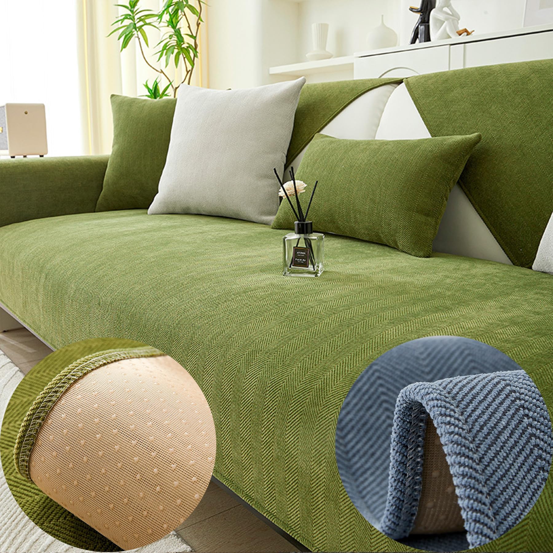 Vopetroy Green Funny Fuzzy Herringbone Chenille Fabric Furniture Protector Couch Cover,Herringbone Chenille Fabric Furniture Protector Sofa Cover,Herringbone Chenille Sofa Cove (,70*70 Cm/27.6*27.6 In)