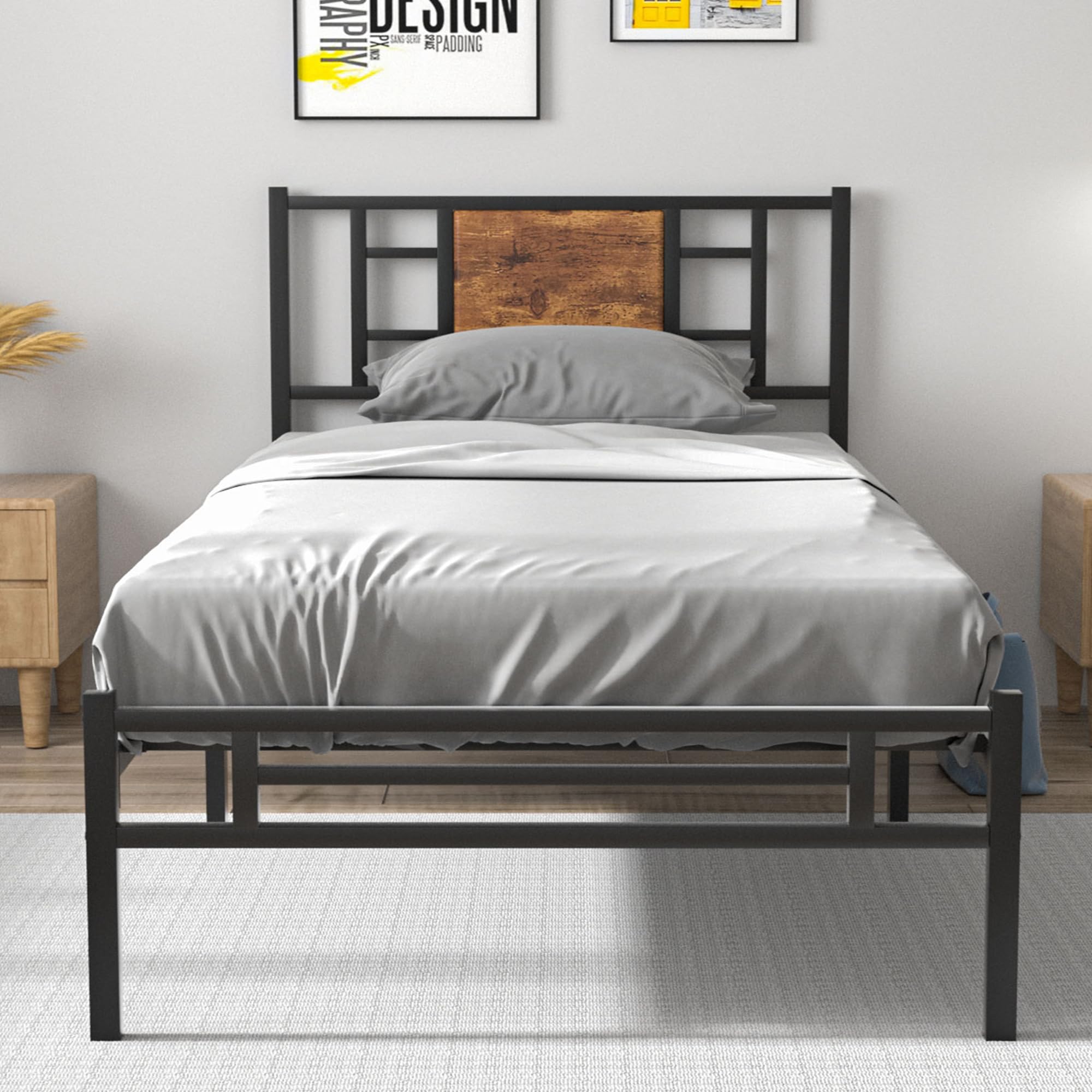 VECELO Twin Size Bed Frame with Headboard, Heavy-Duty Platform with Metal Slats Support, No Box Spring Needed/Easy Assembly, Black