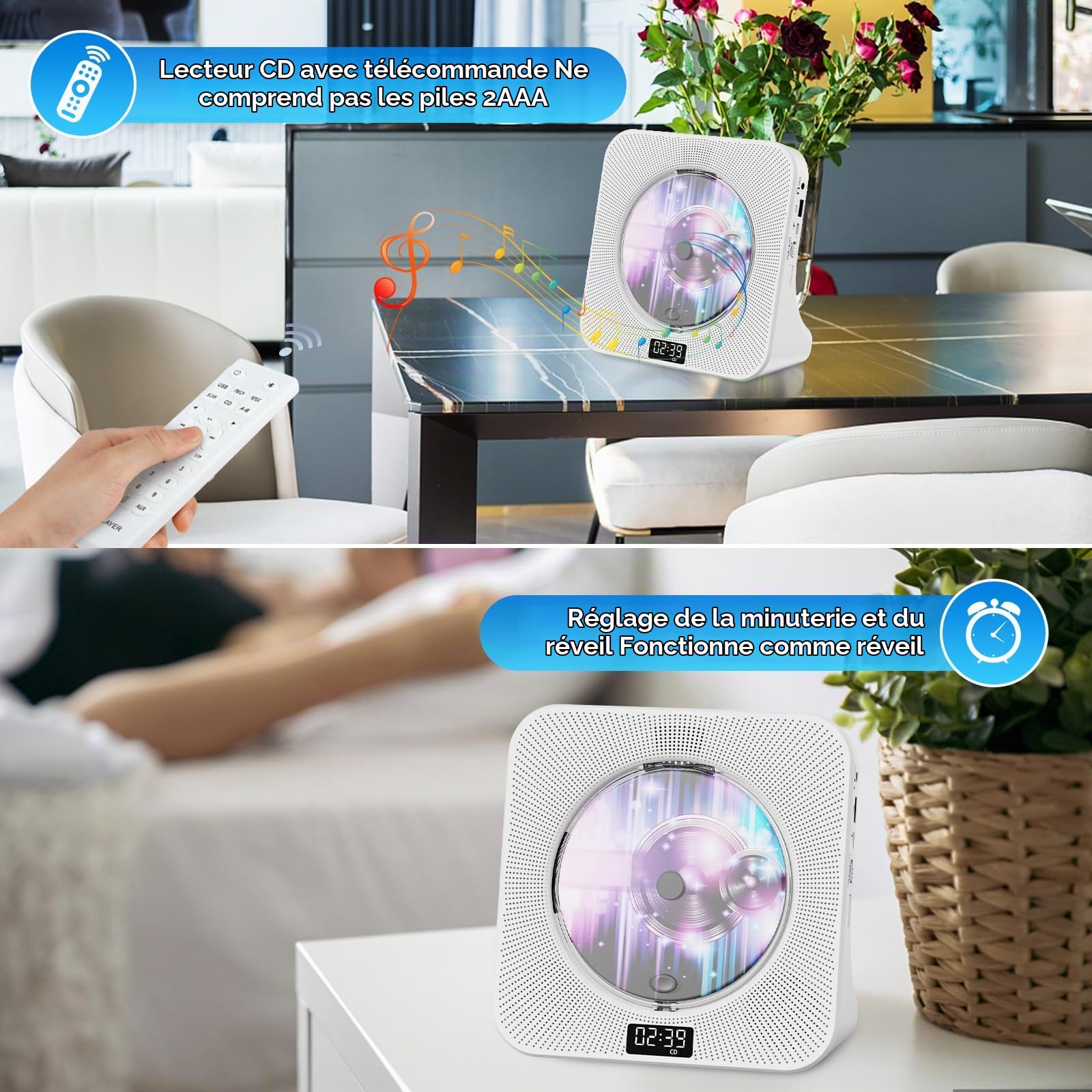 Gueray Lecteur CD Bluetooth portable HiFi avec haut-parleurs USB et prise casque, double haut-parleur multifonction pour la maison