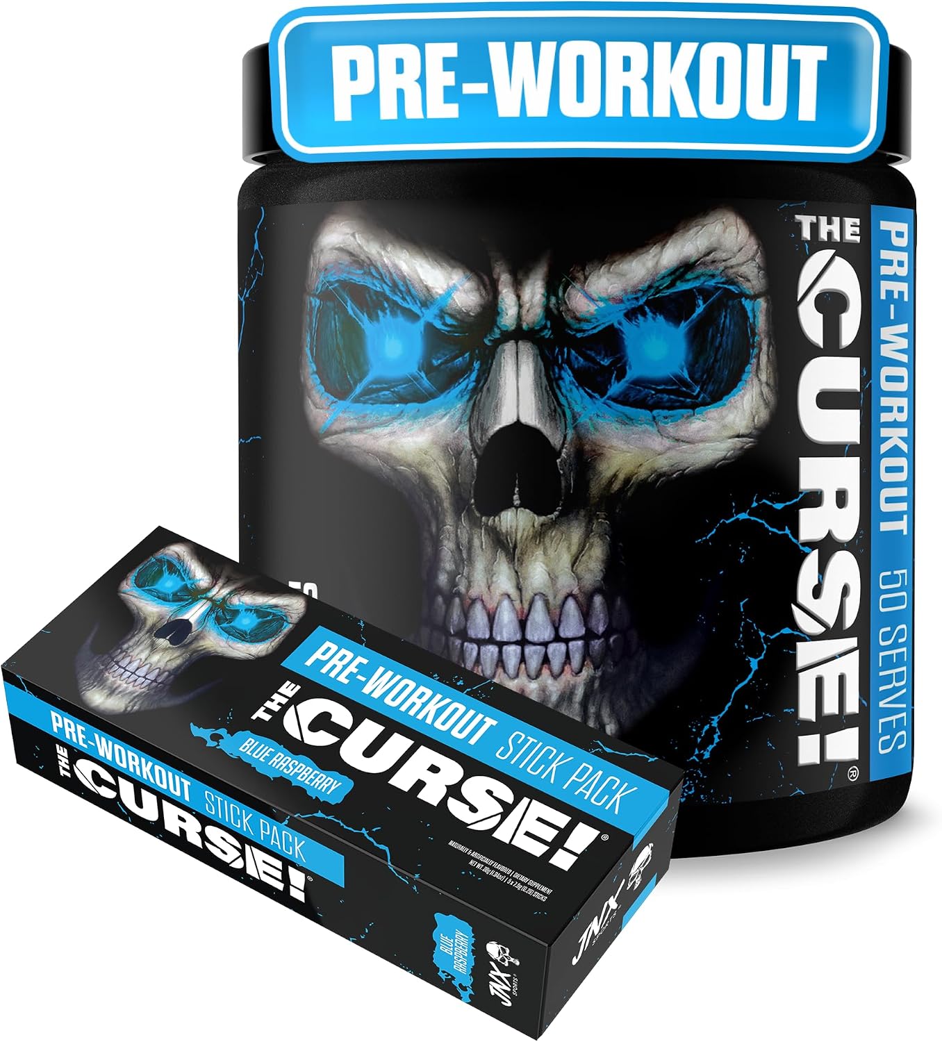 JNX The Curse! Blue Raspberry Pre Workout Powder (50 Servings) + Free 5 On-The-Go Packets