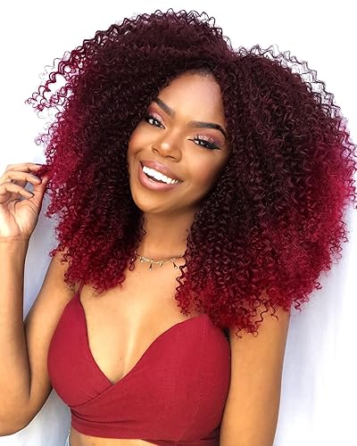 Quantum Love Extensiones de cabello corto rizado tipo crochet, rizado Marlybob Jerry, ombré, color borgoña, extensiones de cabello sintético para