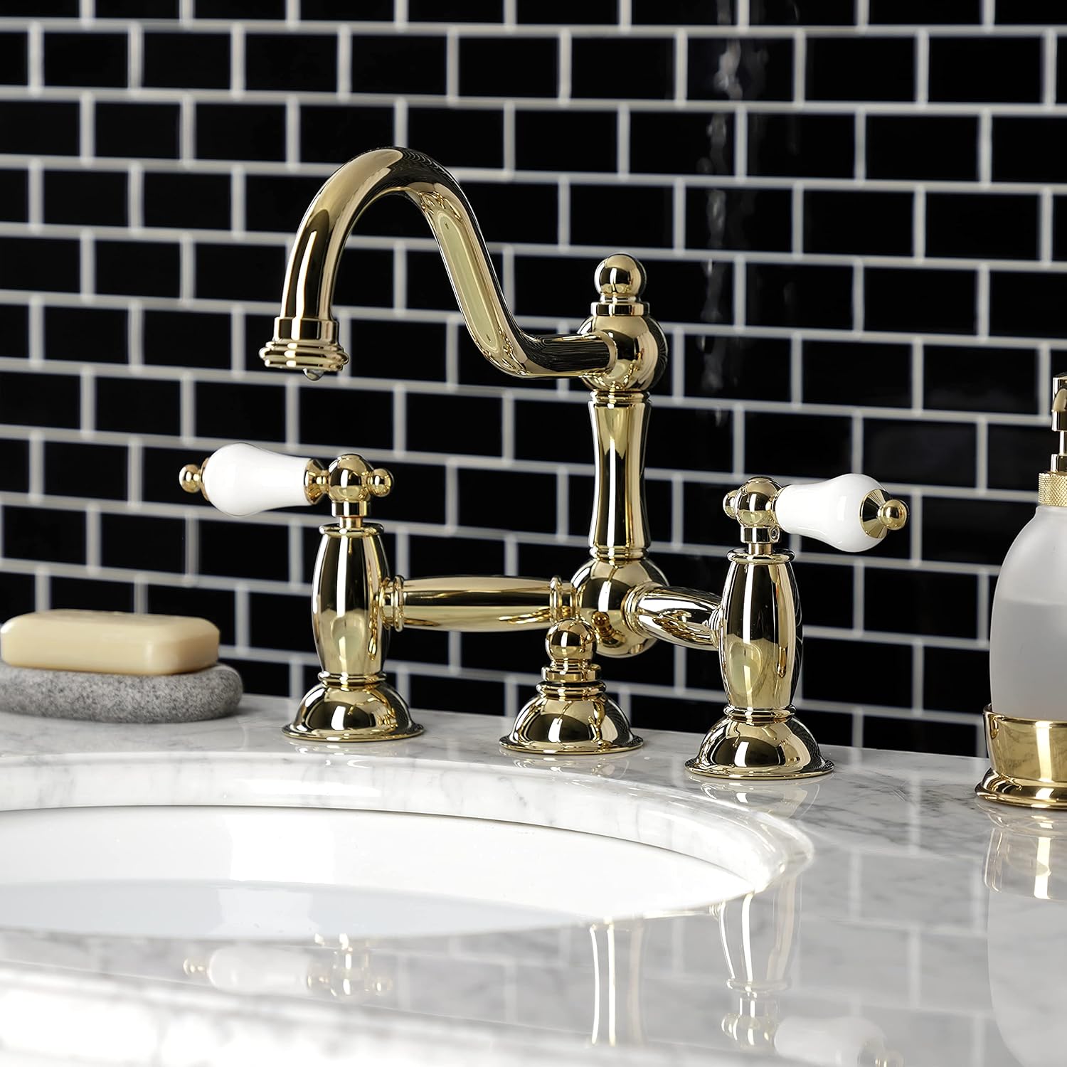 Exclusive Kingston Brass KS3918PL Restoration Bridge Bathroom Faucet, 8-Inch Adjustable Center, Brushed Nickel