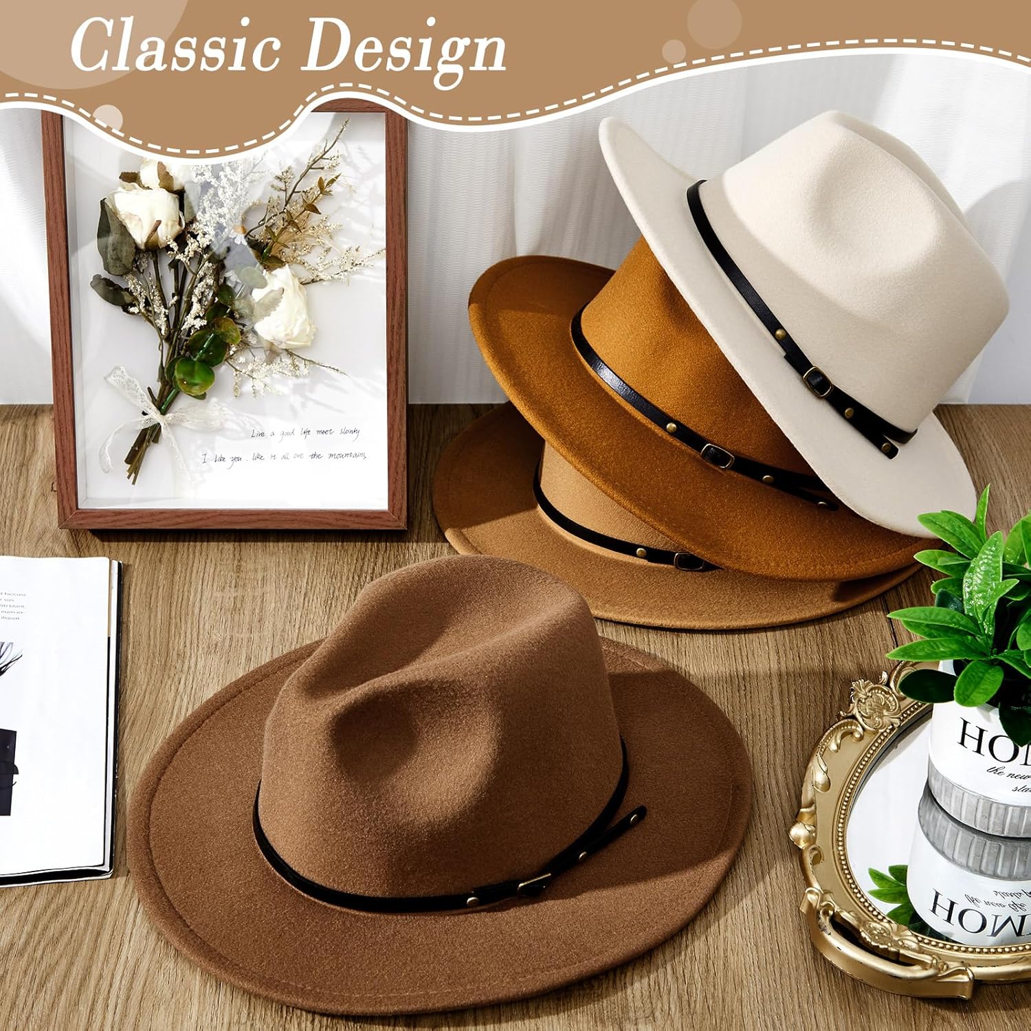Hercicy 6 Pcs Fedora Hats for Women Men Felt Wide Brim Hats Vintage Boho Hat with Belt Buckle Panama Hat