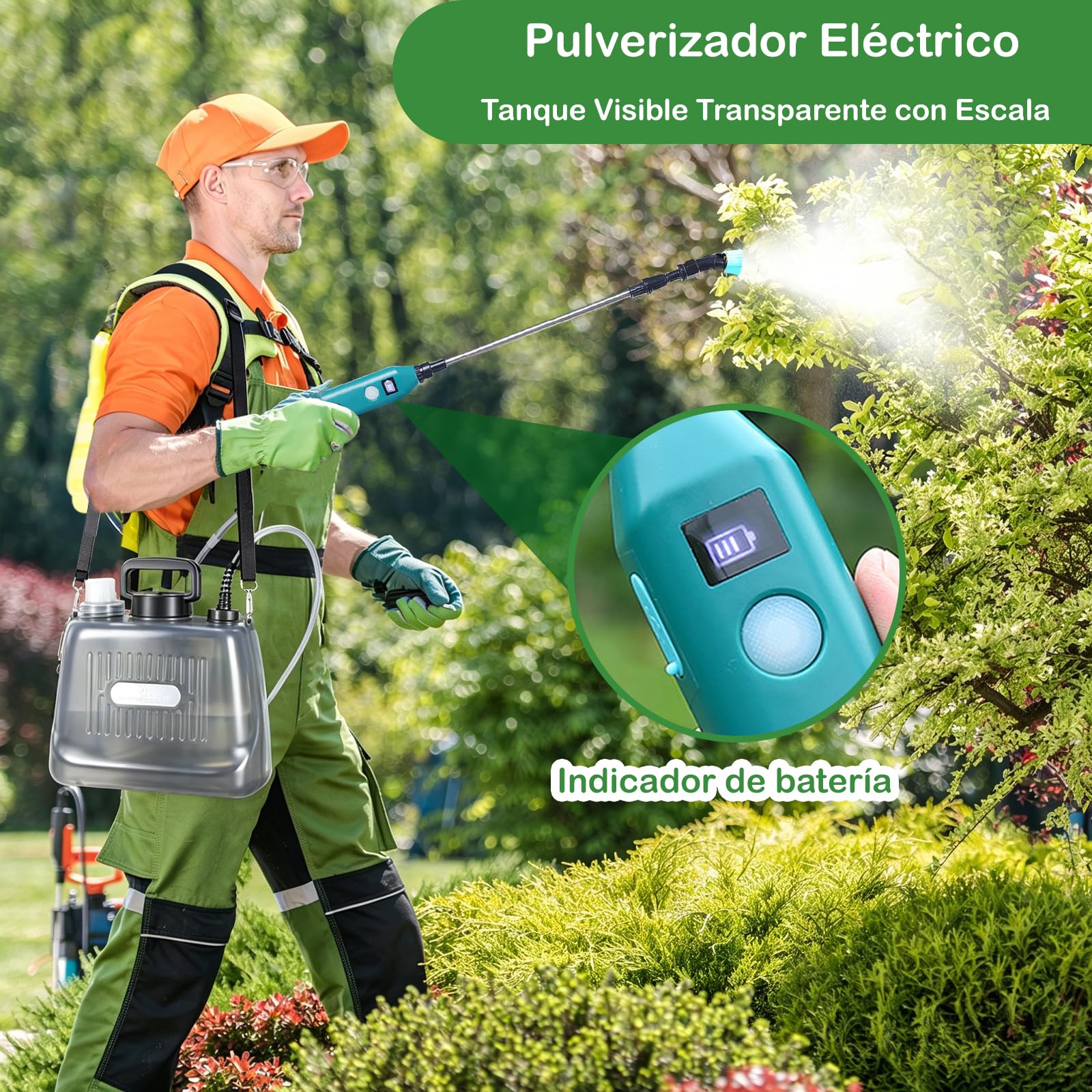 Pulverizador Eléctrico para Plantas, Pulverizador de Presión a Batería Recargable, Pulverizador de Jardín con 3 Boquillas Regulable, Lanza de Pulverización Indicador de Nivel de Batería (5L)
