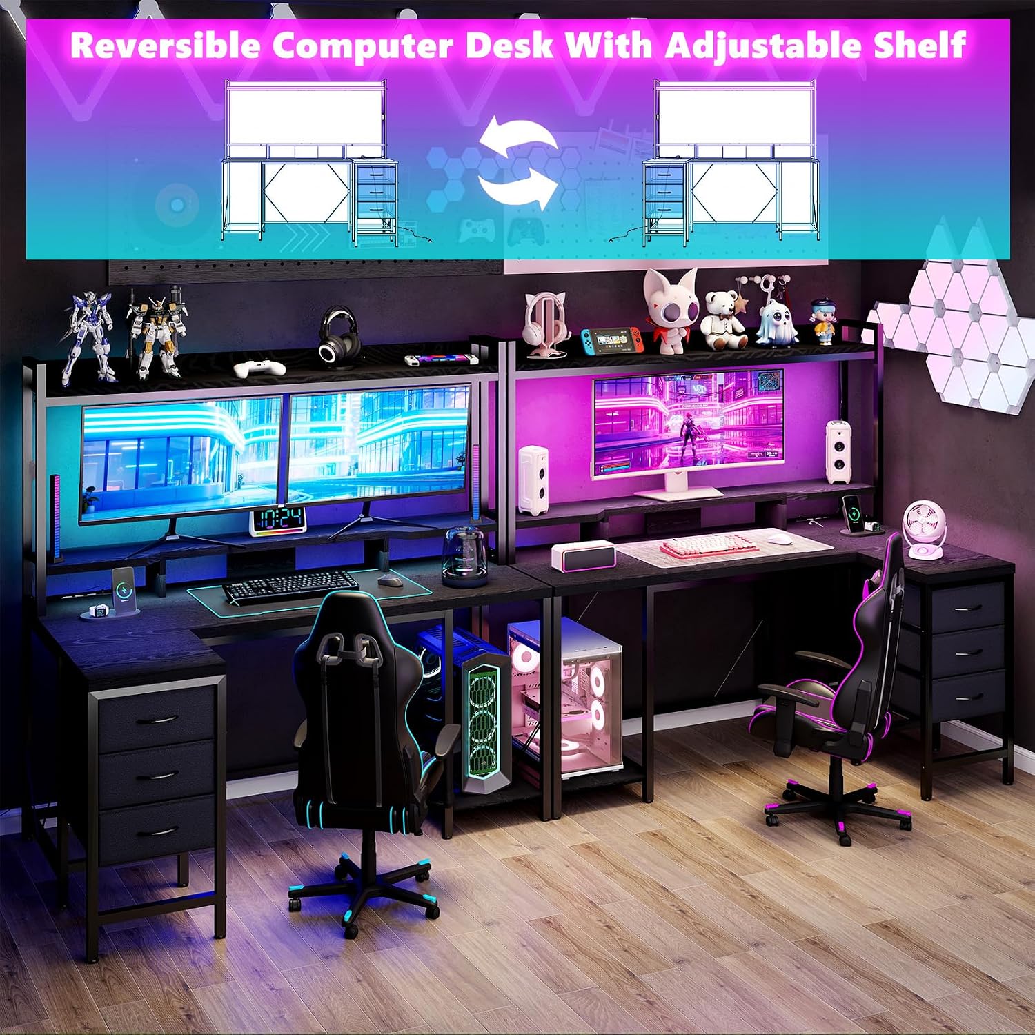 YOSHOOT 54" Computer Desk with Shelves and Drawers, Gaming Desks with Hutch