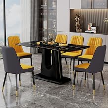 63'' Dining Table Set for 6, Dining Room Table and Chairs Set of 6,Black Faux Marble Tabletop with MDF Table Legs and 6 Modern Chairs, Suitable for Kitchen and Living Room