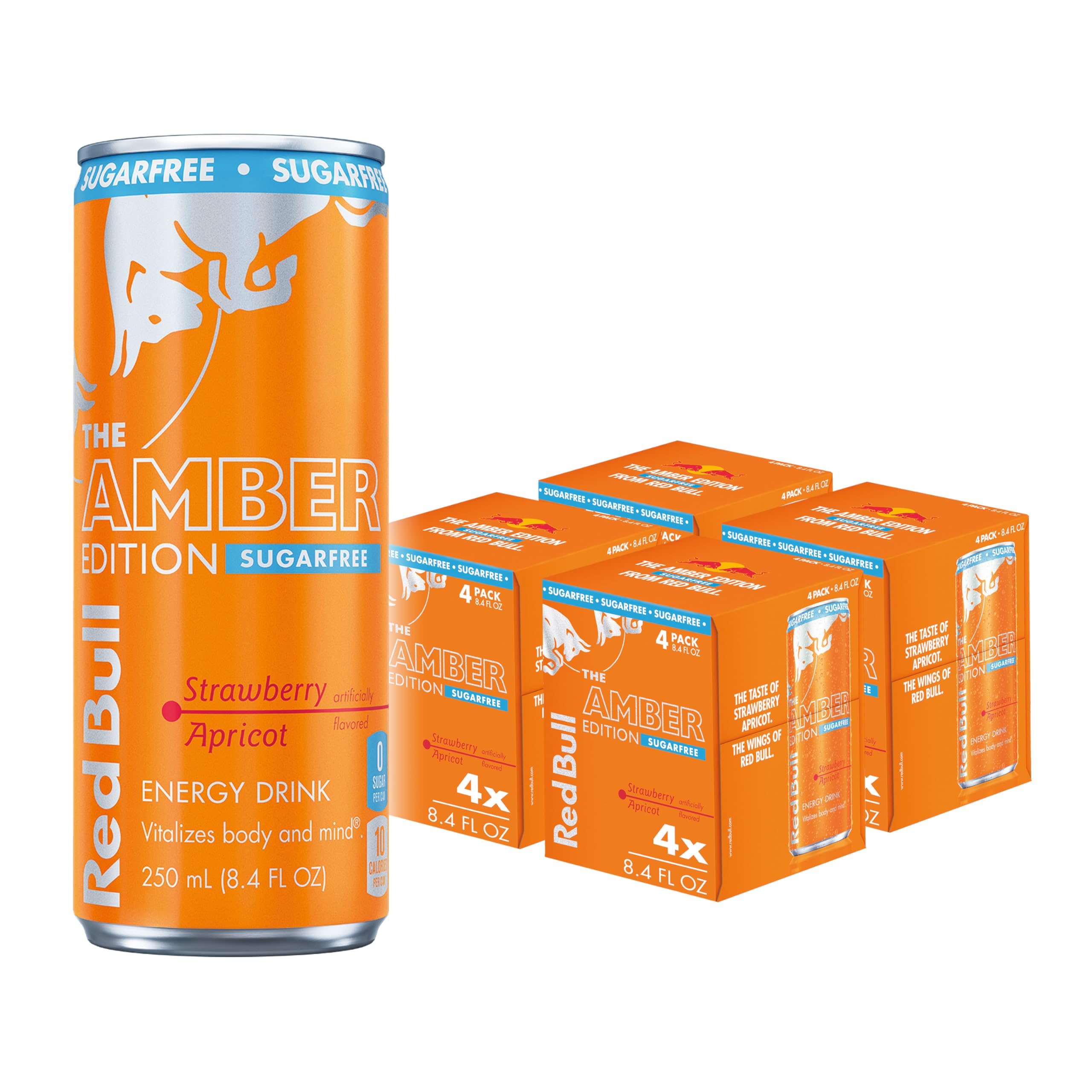 Red Bull Amber Edition Sugar Free Energy Drink, Strawberry Apricot, with 80mg Caffeine plus Taurine & B Vitamins, 8.4 Fl Oz, Pack of 16 Cans