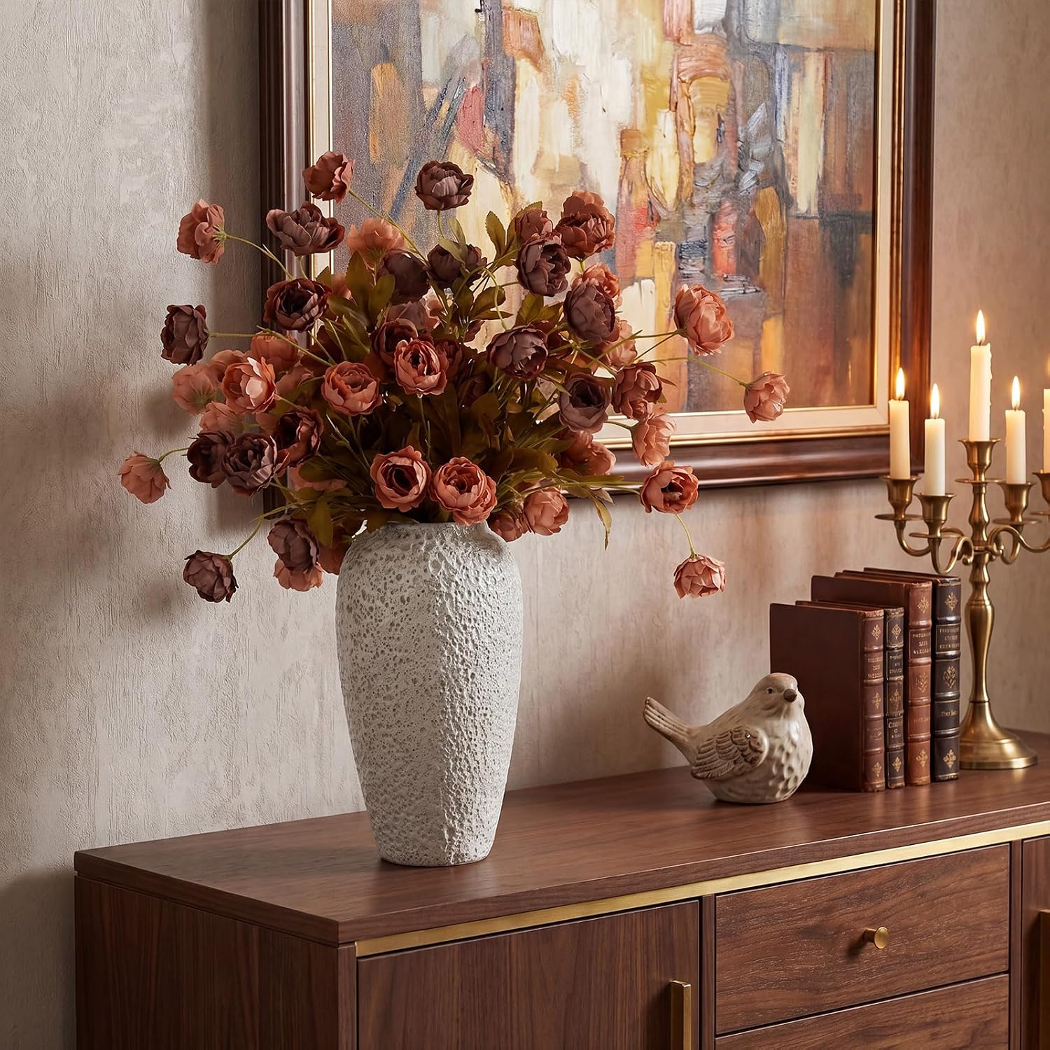 Yinder 8 Pcs Fall Artificial Peonies Stems, 26'' Faux Peony Branch Vintage Silk Flowers for Vase Filler, Home Decor, Rustic Farmhouse Wedding Table Centerpiece DIY Bouquet(Tan, Light Orange)