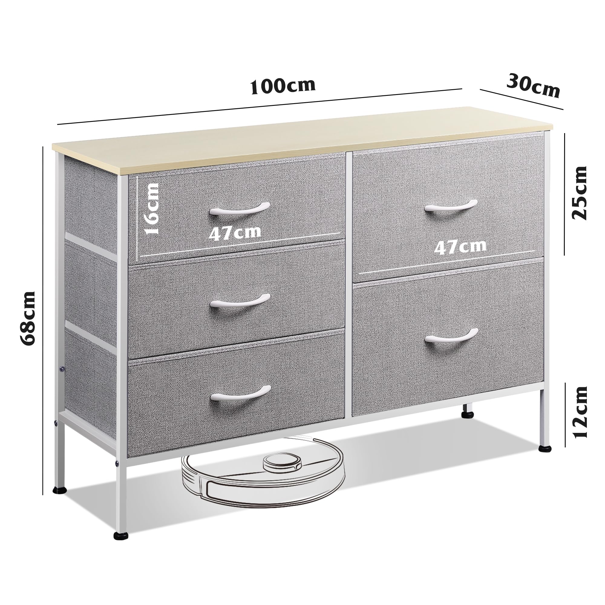 WLIVE Commode pour Chambre 5 Tiroirs, Grande avec Organiseurs, en Tissu pour Salon, Placard, Couloir, Gris Clair