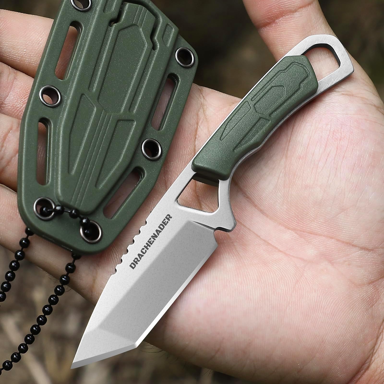 DRACHENADER Neck Knife Tanto Small, Mini Neck Knife with Sheath and Necklace Fixed Blade Knives Full Tang Outdoor Knives, Green
