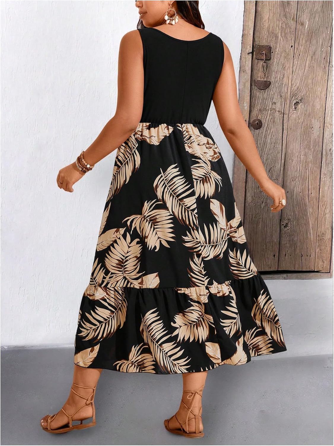 Women's Plus Size Tropical Print Ruffle Maxi Dress Lace Scoop Neck A Line Flowy Beach Vacation Dresses - Image 2