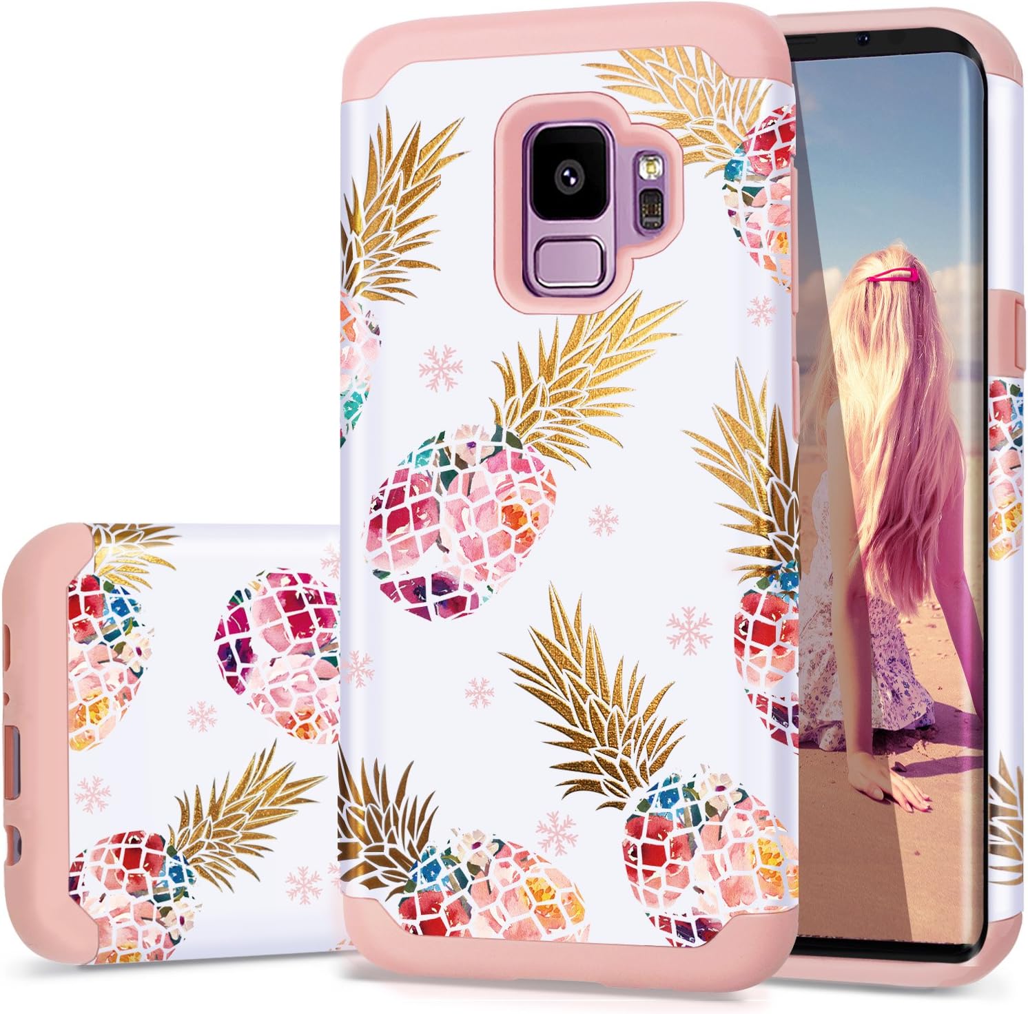 Fingic Samsung S9 Case,Galaxy S9 Pineapple Case, Slim&Shiny Colorful Pineapple Cover Hard PC&Soft Rubber Anti-Scratch Skin Cover for Samsung Galaxy S9 5.8"(2018),Floral Pineapple/Pink