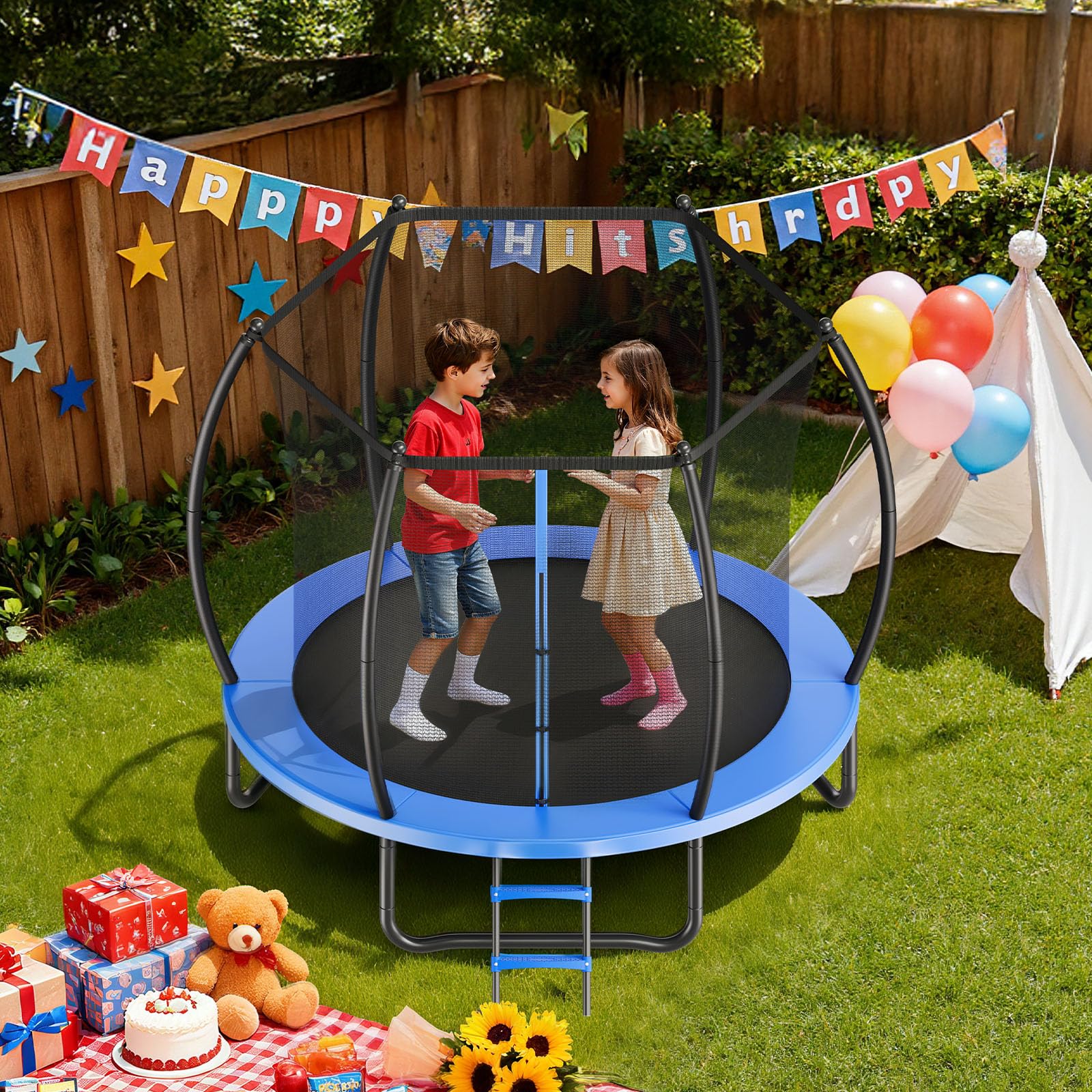 VEVOR Trampolino da Esterno, Trampolino Ricreativo da 2440 mm, Trampolini Approvati ASTM Antiruggine con Rete di Protezione e Imbottitura Ispessita, Capacità di Peso Massima di 120 kg