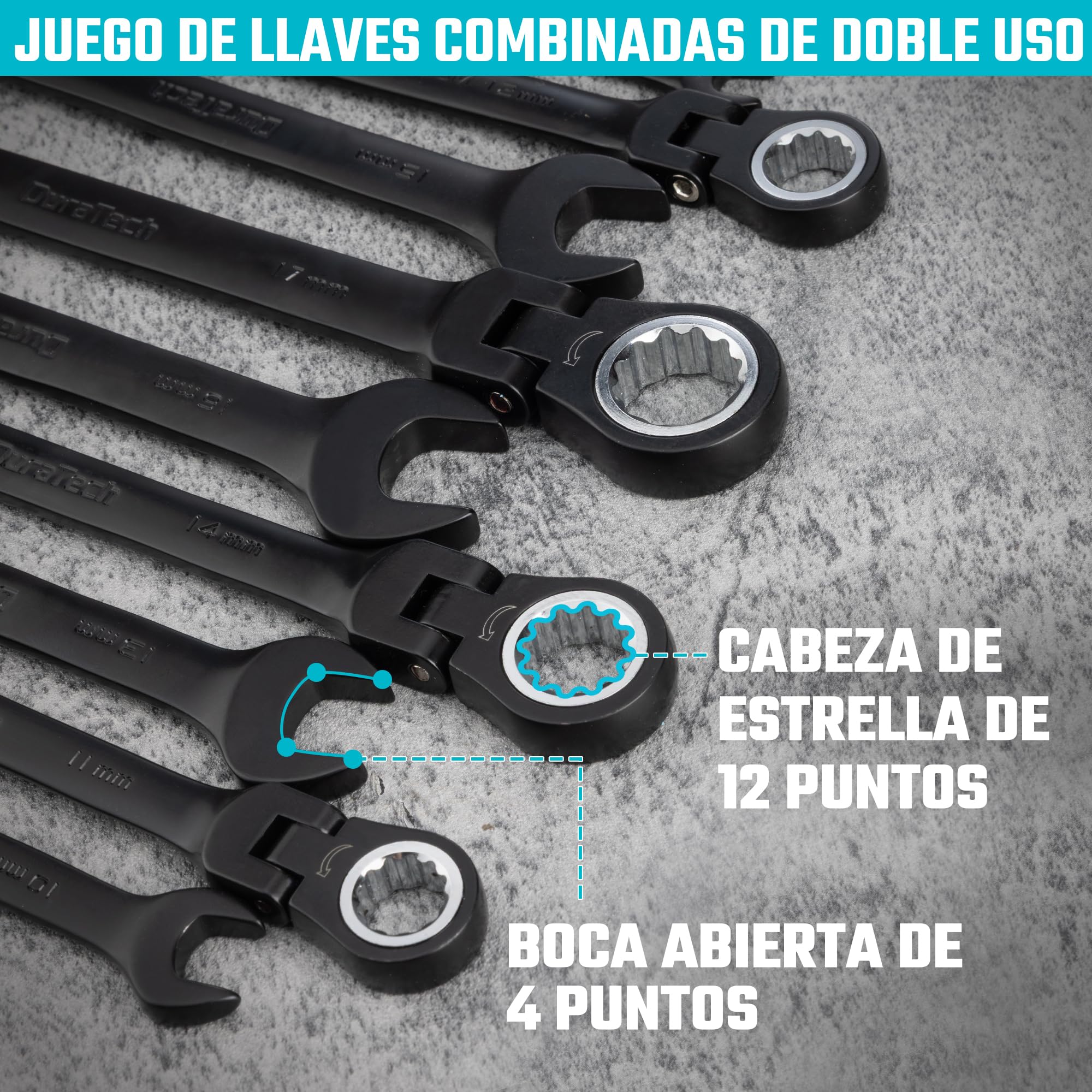 DURATECH Flex-Head - Juego de llaves de trinquete combinadas, 72 dientes, métricas, 9 piezas, 8, 10, 11, 12, 13, 14, 15, 16, 17 mm, revestimiento electroforético negro, acero CR-V, con bolsa rodante